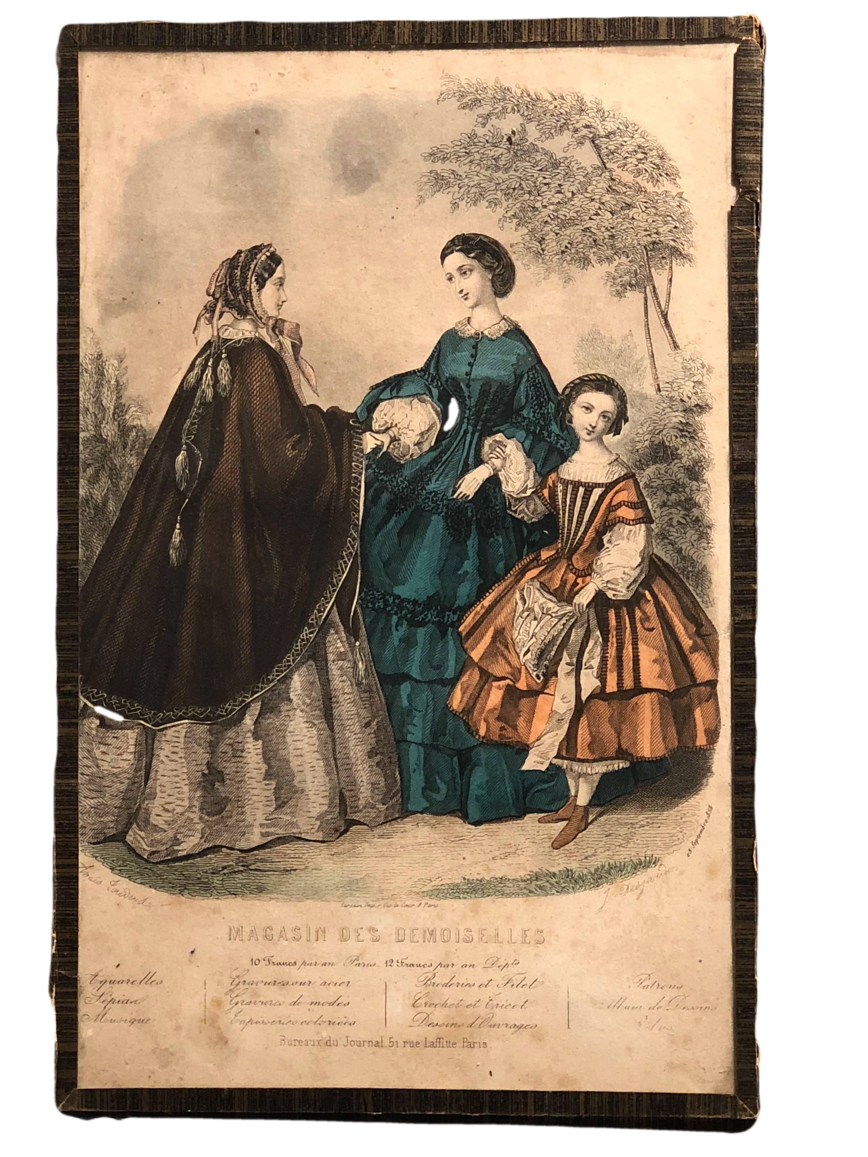 Collection of French Colored Engravings of Fashion Dresses Set of Ten, Mid-1800s For Sale 1