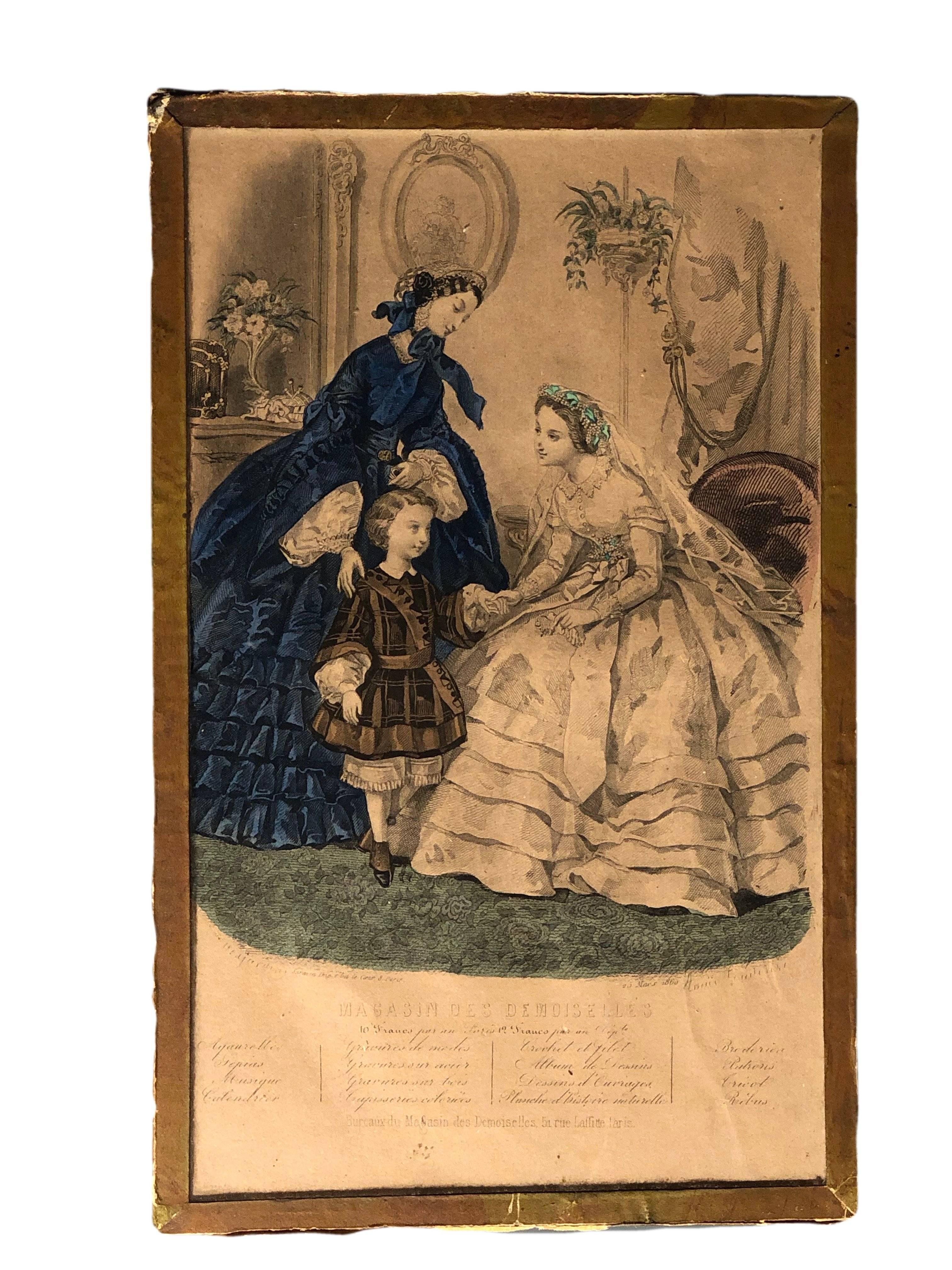 Collection of French Colored Engravings of Fashion Dresses Set of Ten, Mid-1800s For Sale 3