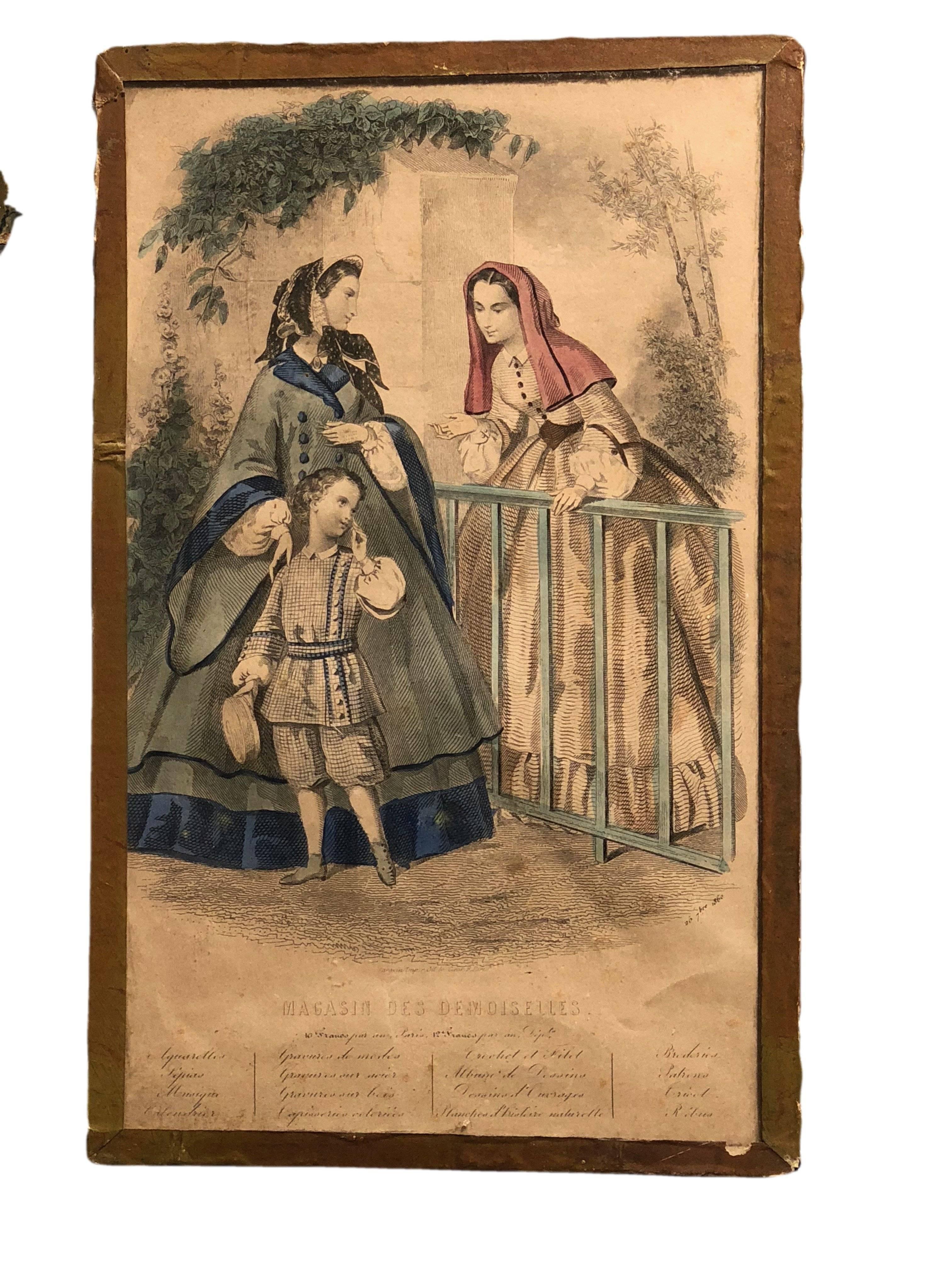 Collection of French Colored Engravings of Fashion Dresses Set of Ten, Mid-1800s For Sale 4