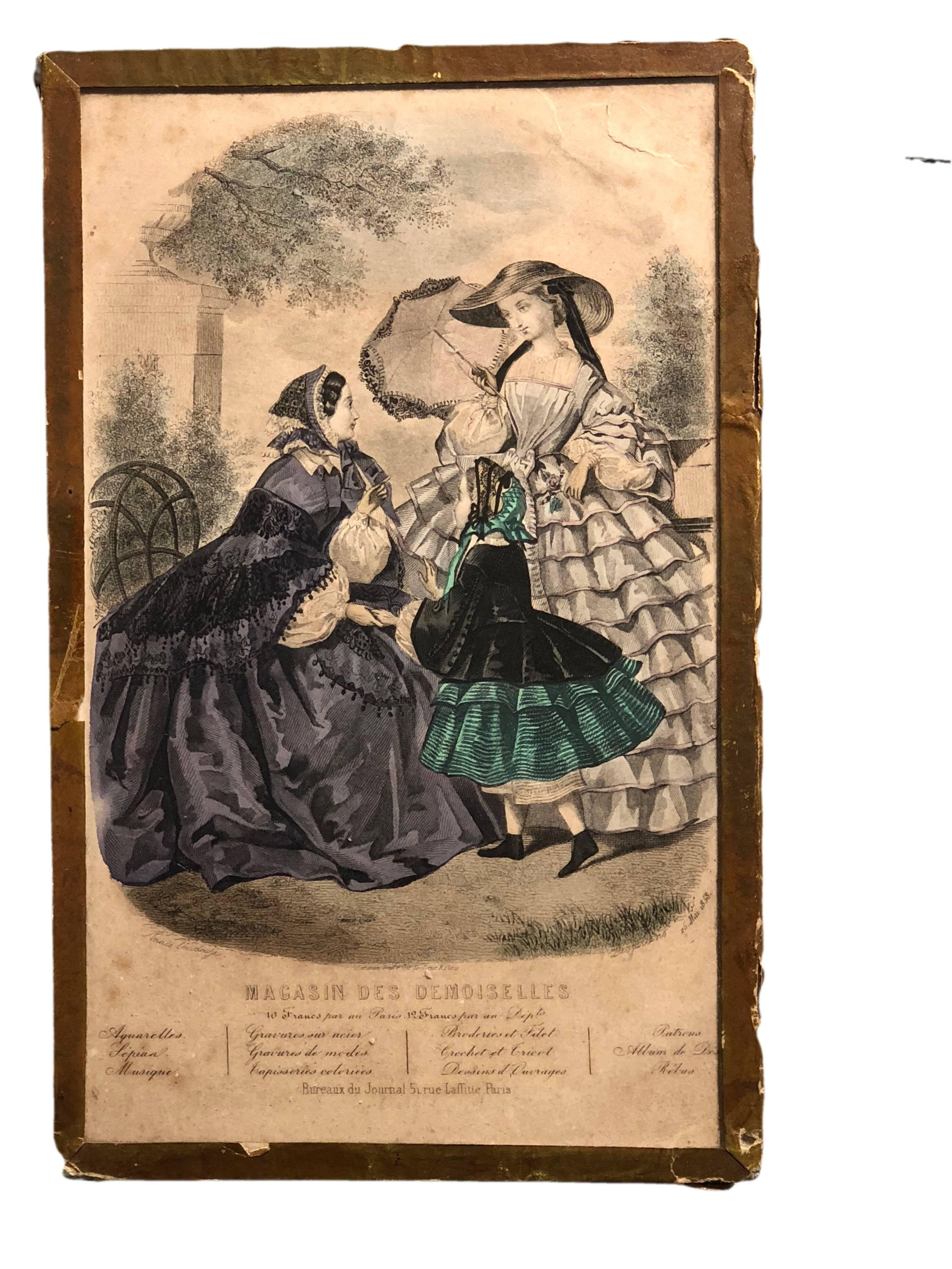 Collection of French Colored Engravings of Fashion Dresses Set of Ten, Mid-1800s For Sale 5