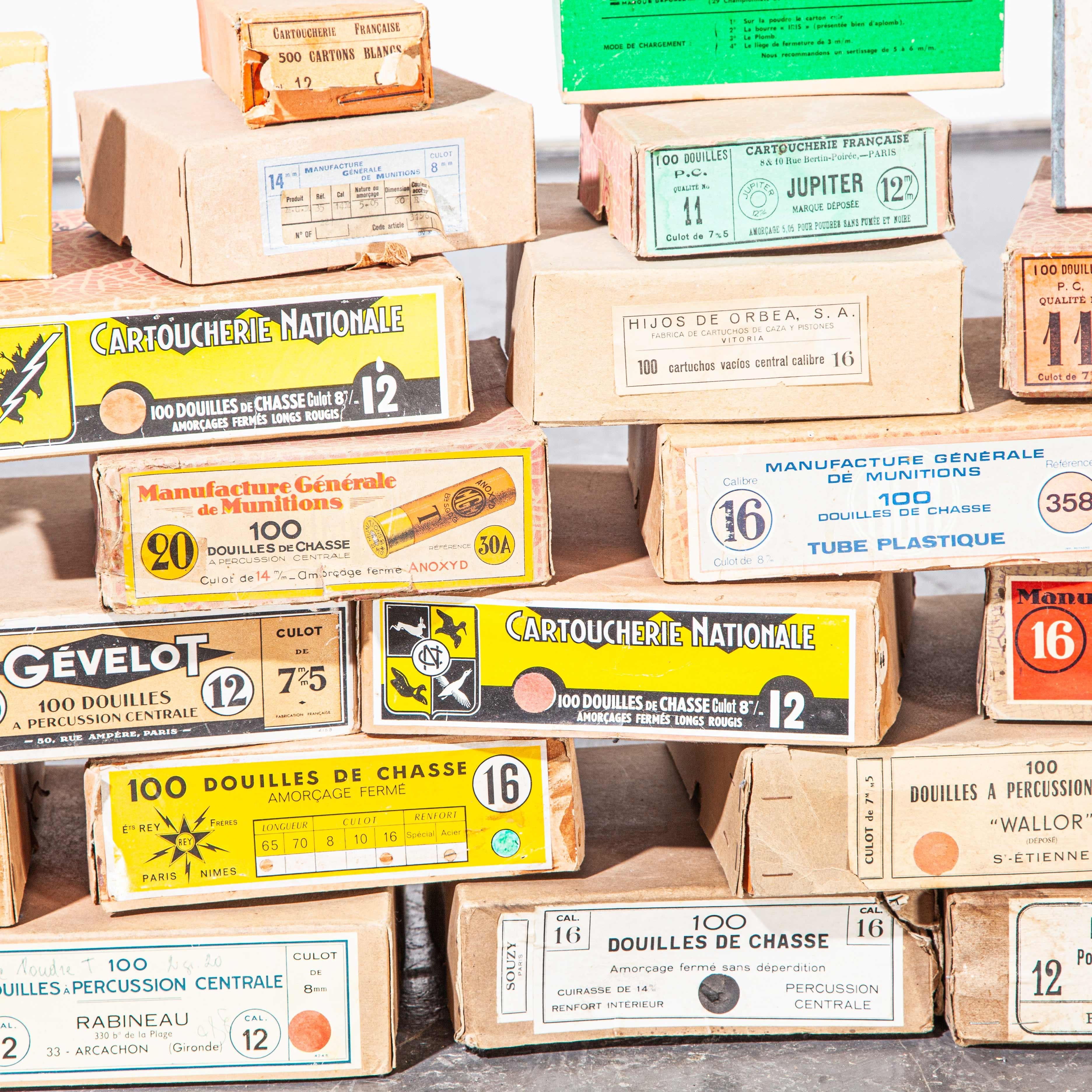 Collection of French vintage gun cartridge boxes
Collection of French vintage gun cartridge boxes. Dating mainly from the late 19th-early 20th century this is a beautiful collection of very original boxes with exceptional graphics. The boxes are