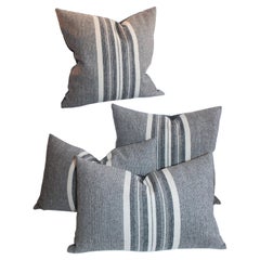 Vintage Collection of Grey Flannel Handwoven Stripped Pillows, 4 Pieces