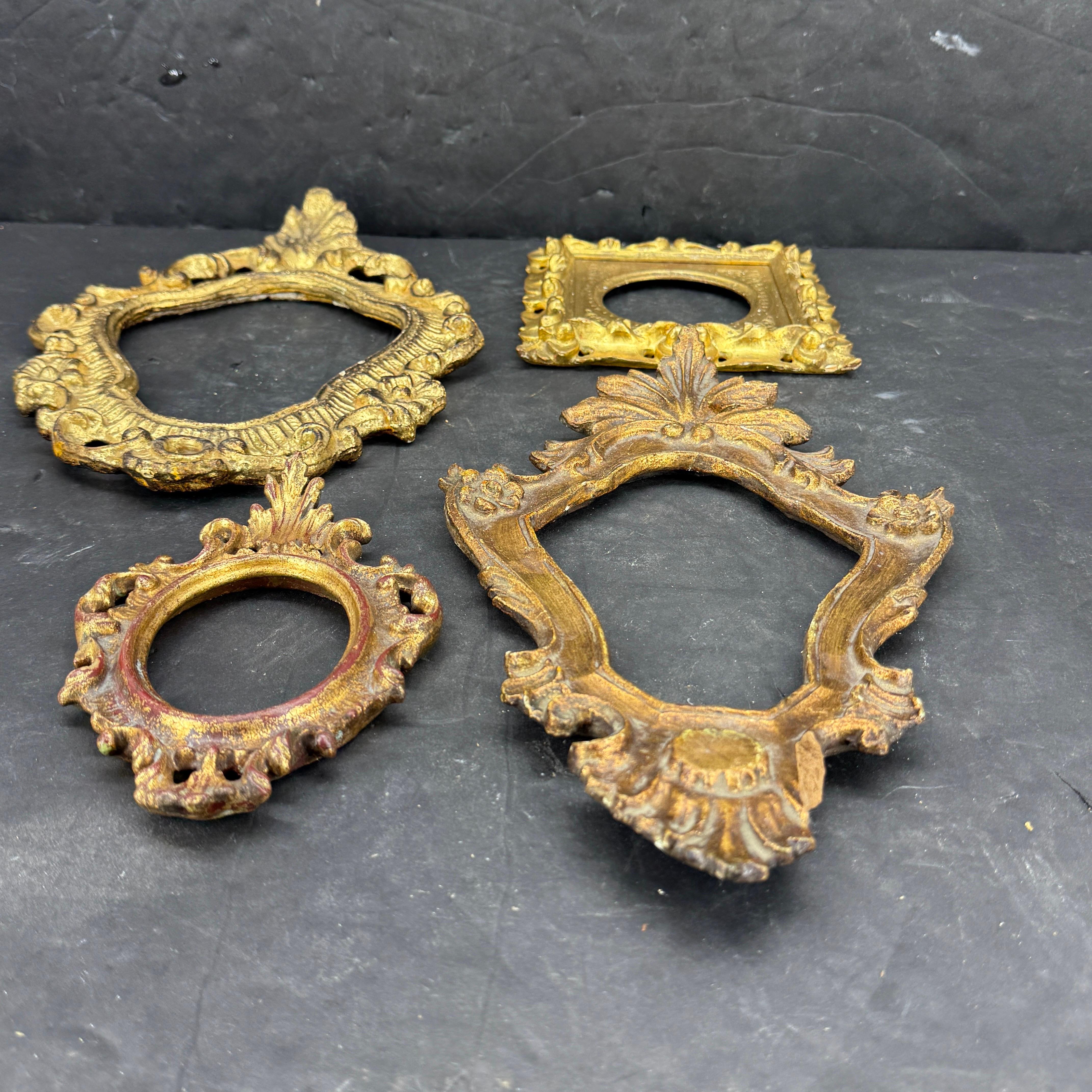 Great grouping of gold gilt Florentine frames from Italy. Can be used for your favorite artwork or add glass to make mirrors. We see these as in a grouping as part of a gallery wall or certainly stand alone. 

For comparison on size, the largest