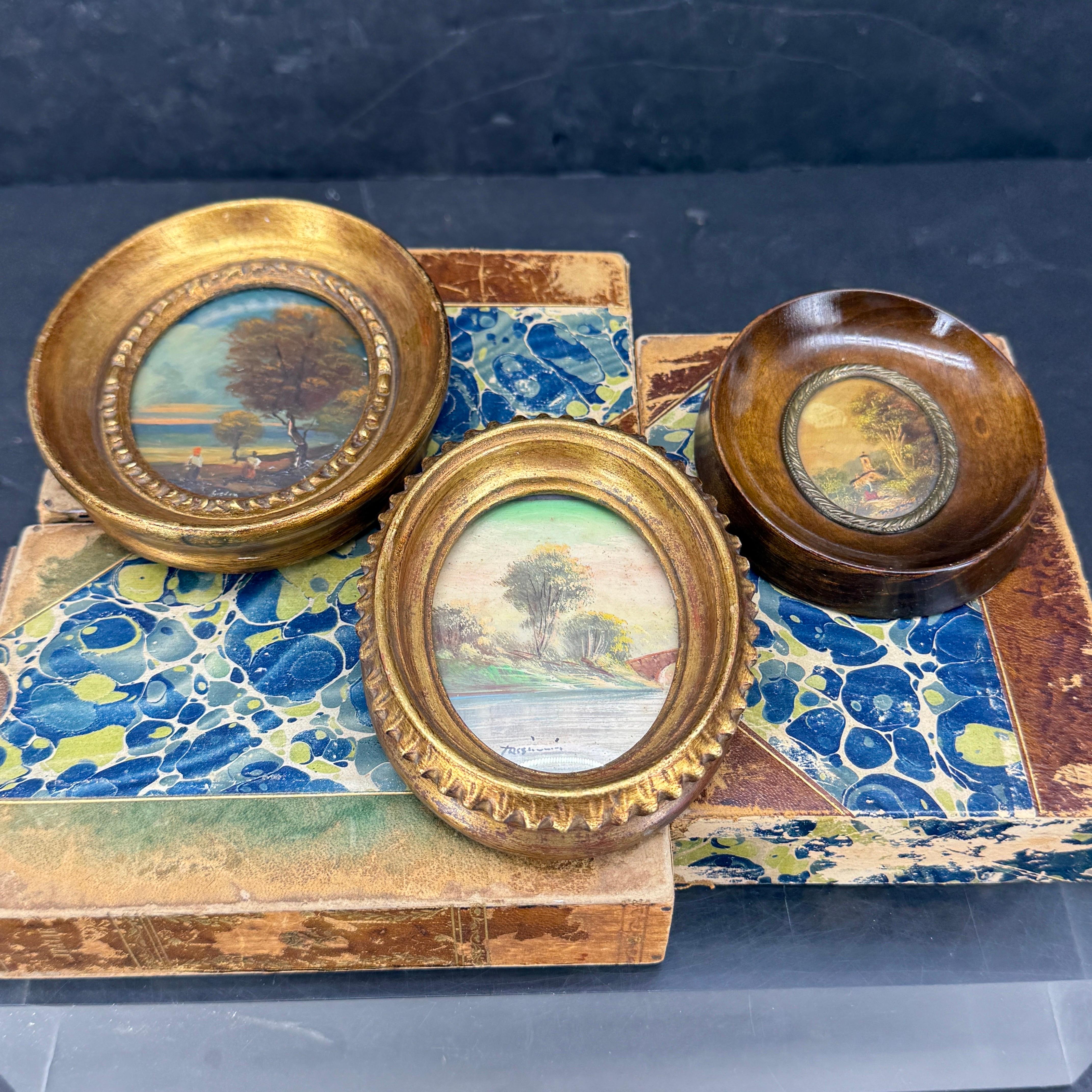 Great grouping of three small frames from Italy, two of which are gold gilt.  We see these as in a grouping as part of a gallery wall or certainly stand alone. 

For comparison on size, the largest frame measures  0.85