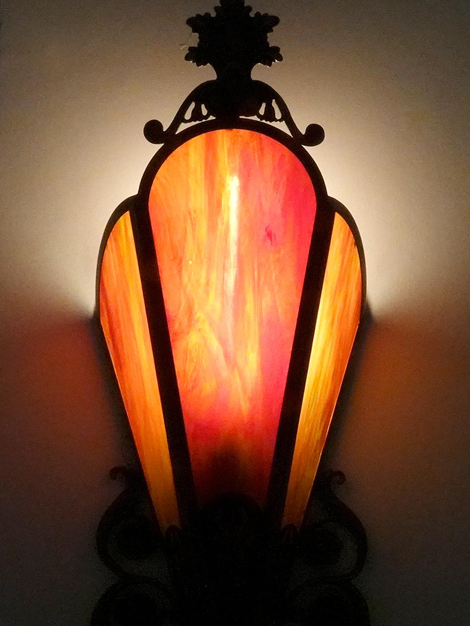 20th Century Collection of Large and Dramatic Stained Glass Theater Sconces For Sale