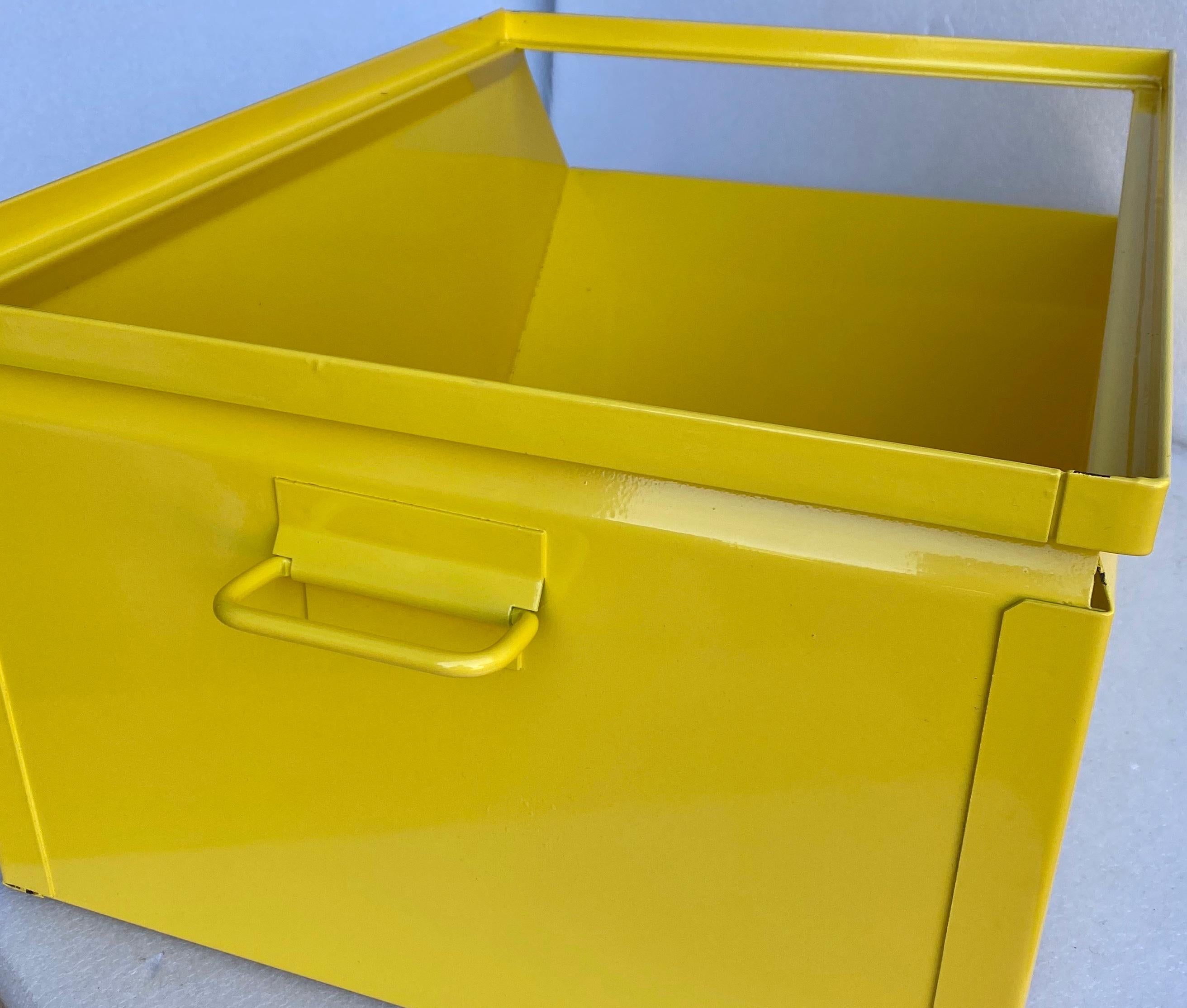 Details about   Yellow Powder-Coated Industrial Metal Storage Bin Tote 2 Handles Rivet Stackable 