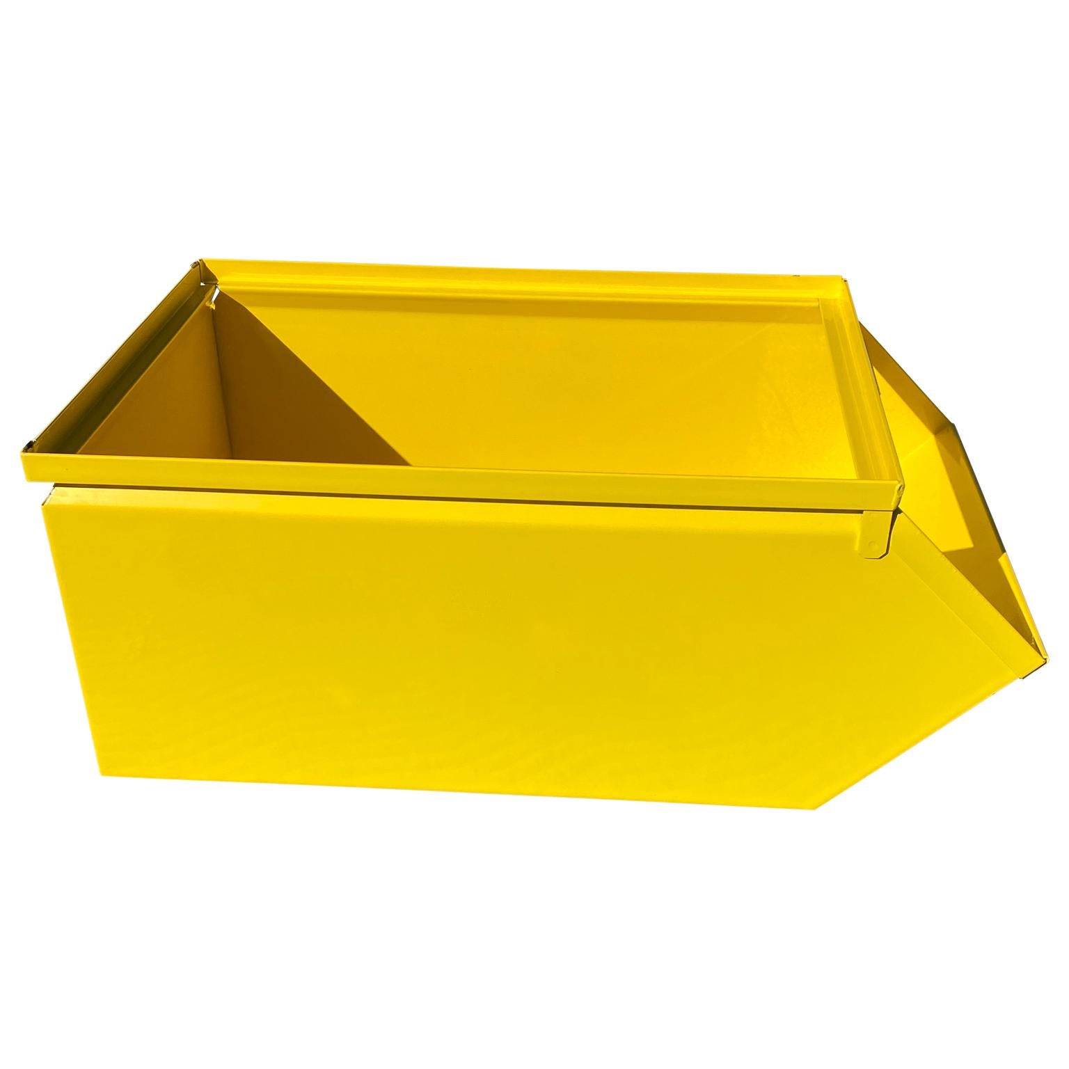Collection of 10 large vintage industrial powder-coated sunshine yellow metal utility bins or boxes

Other colors are optional, since only one has been powder-coated. 
Lead-time for the additional 9 units is 2-3 weeks.
