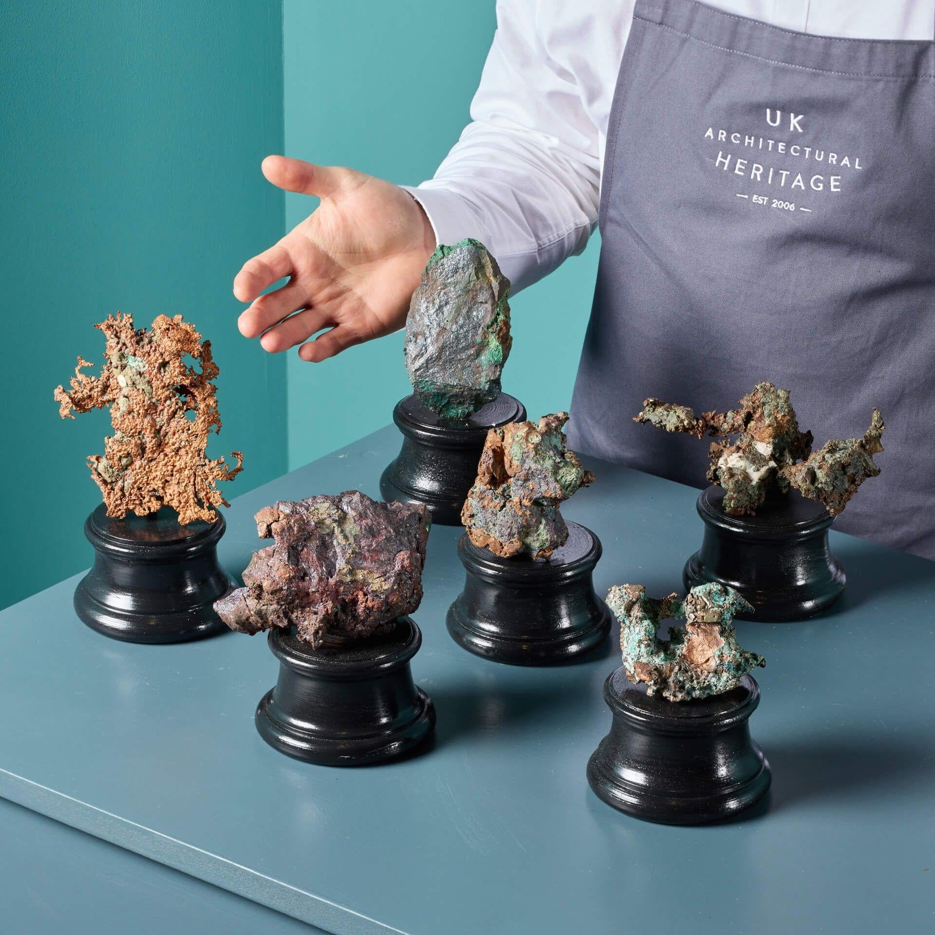 A decorative group of 6 large mounted natural native, copper and silver specimens displayed on our small painted plaster bases. Ex. British collection, this superb group includes native silver from Imider Mine in Morocco, one of the largest mines on