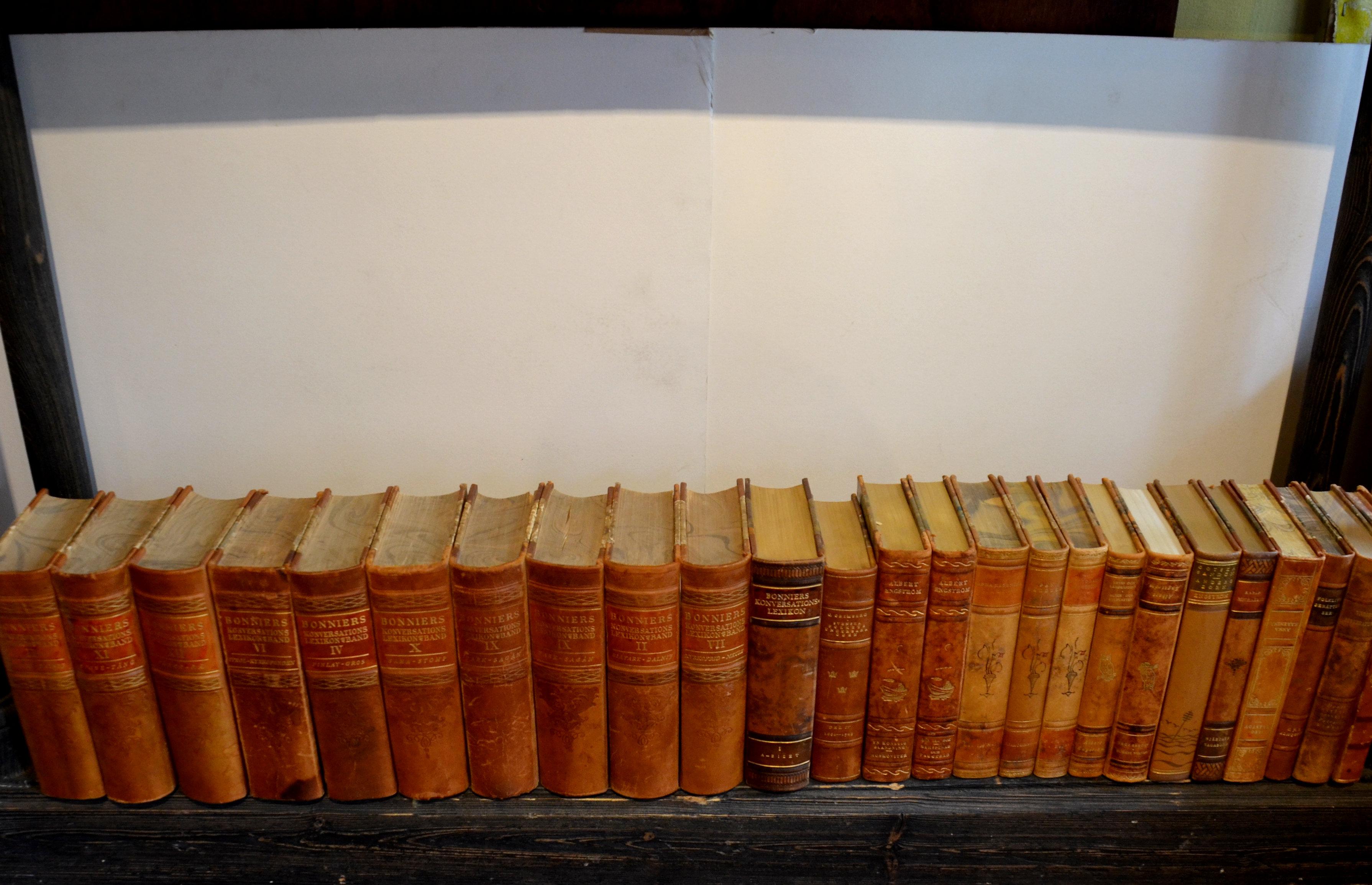 One metre of leather-bound Swedish books containing 25 books.