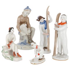 Collection of Lomonosov Porcelain Figurines with Winter Sports Subject