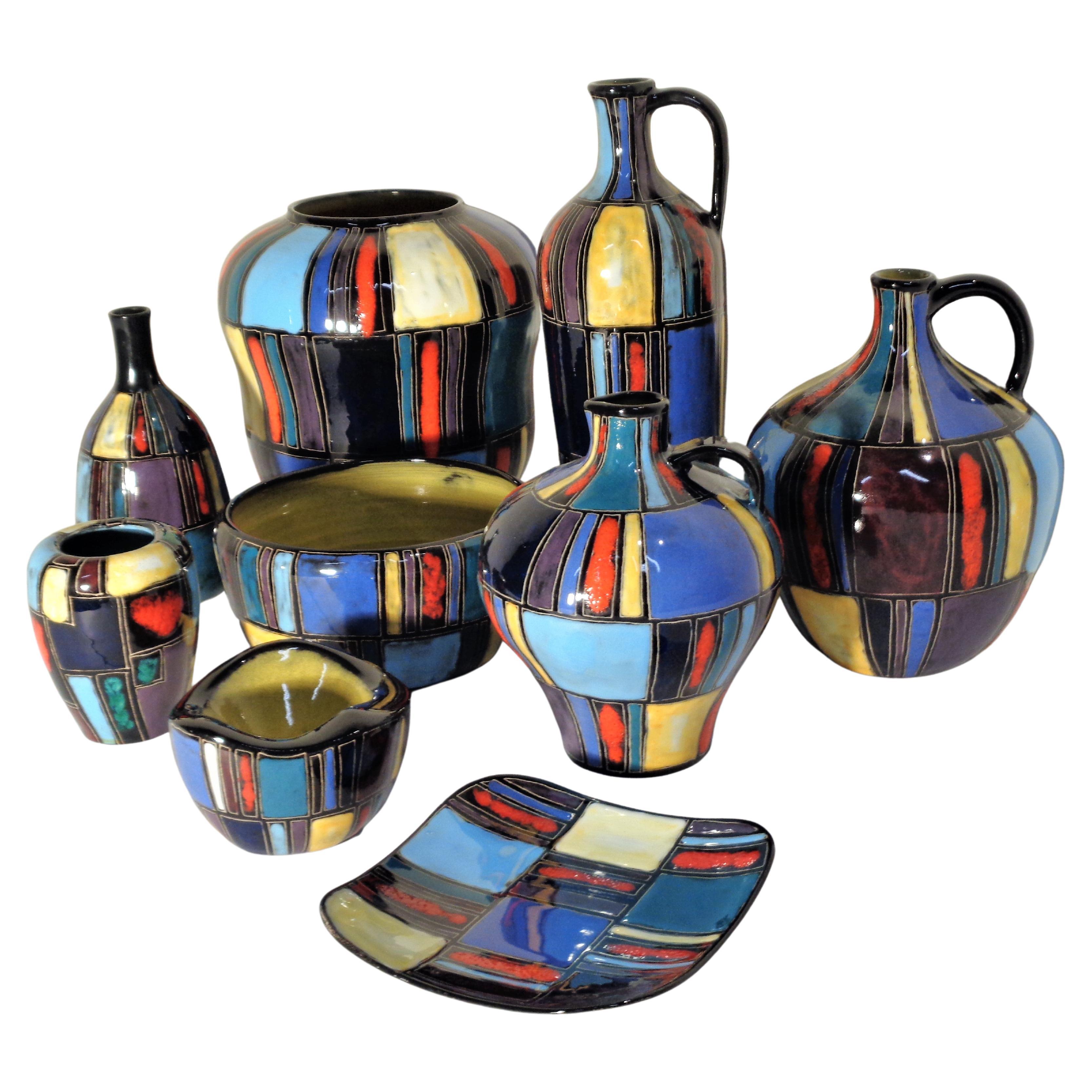 Hand-Painted Collection of Lu Klopfer Brilliant Art Pottery, Germany 1950's