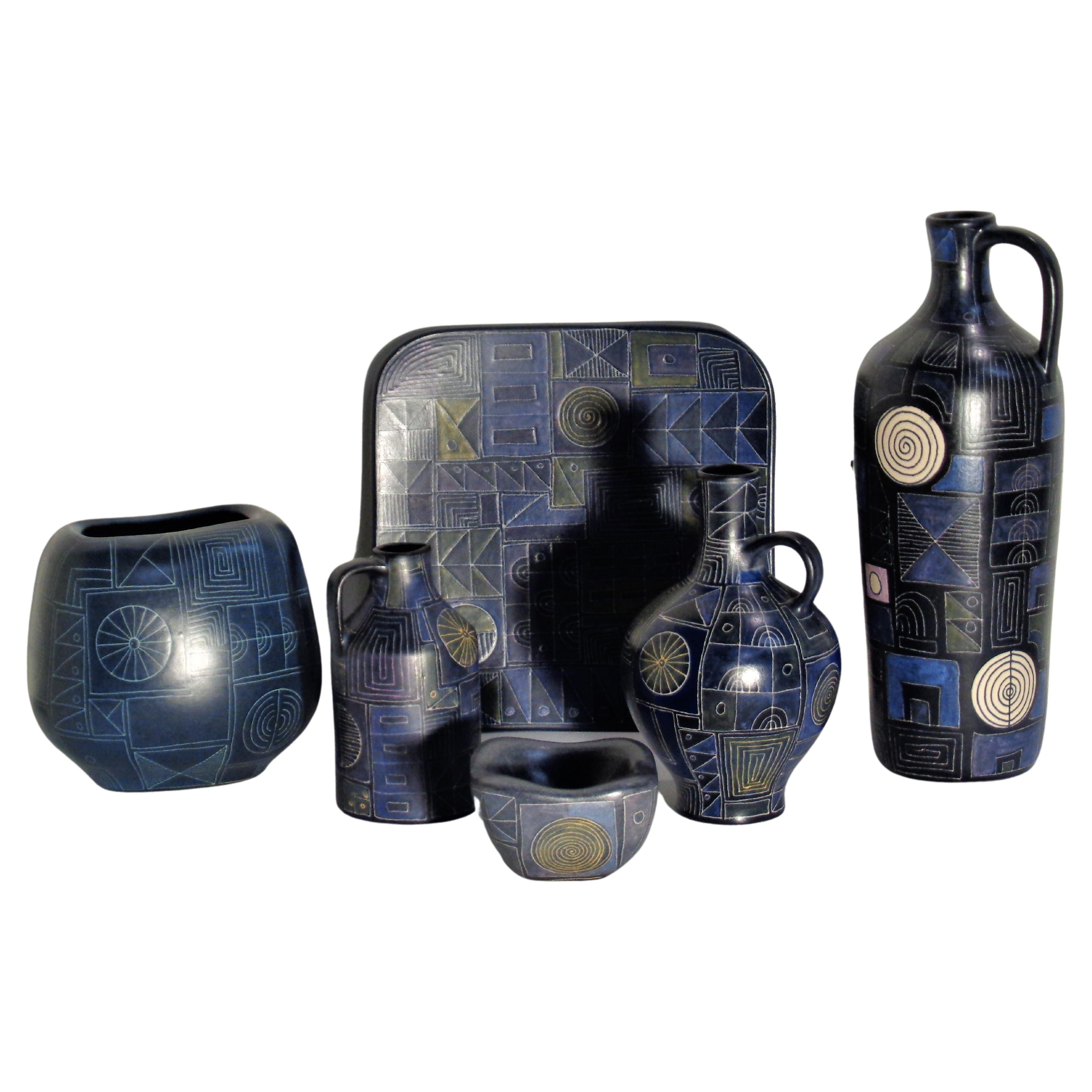  Lu Klopfer Geometric Sgrafitto Pottery Collection, Germany 1950's