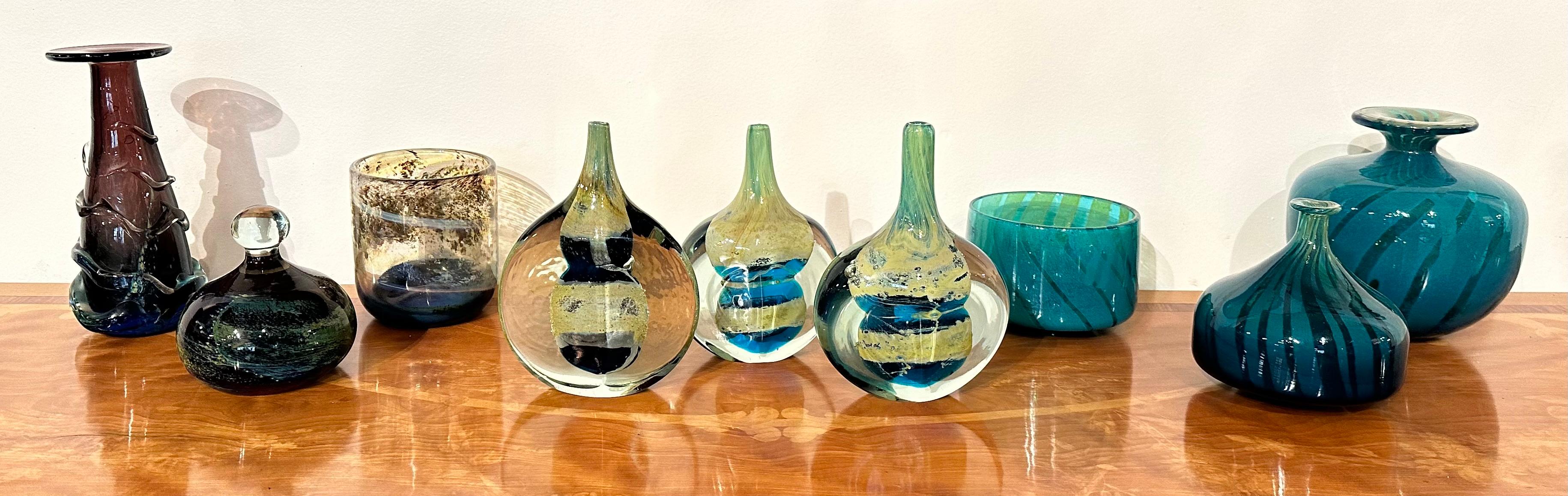 Good collection of 9 pieces of studio glass made in the Maltese glassworks of English glass artisan Michael Harris, circa 1960-1978