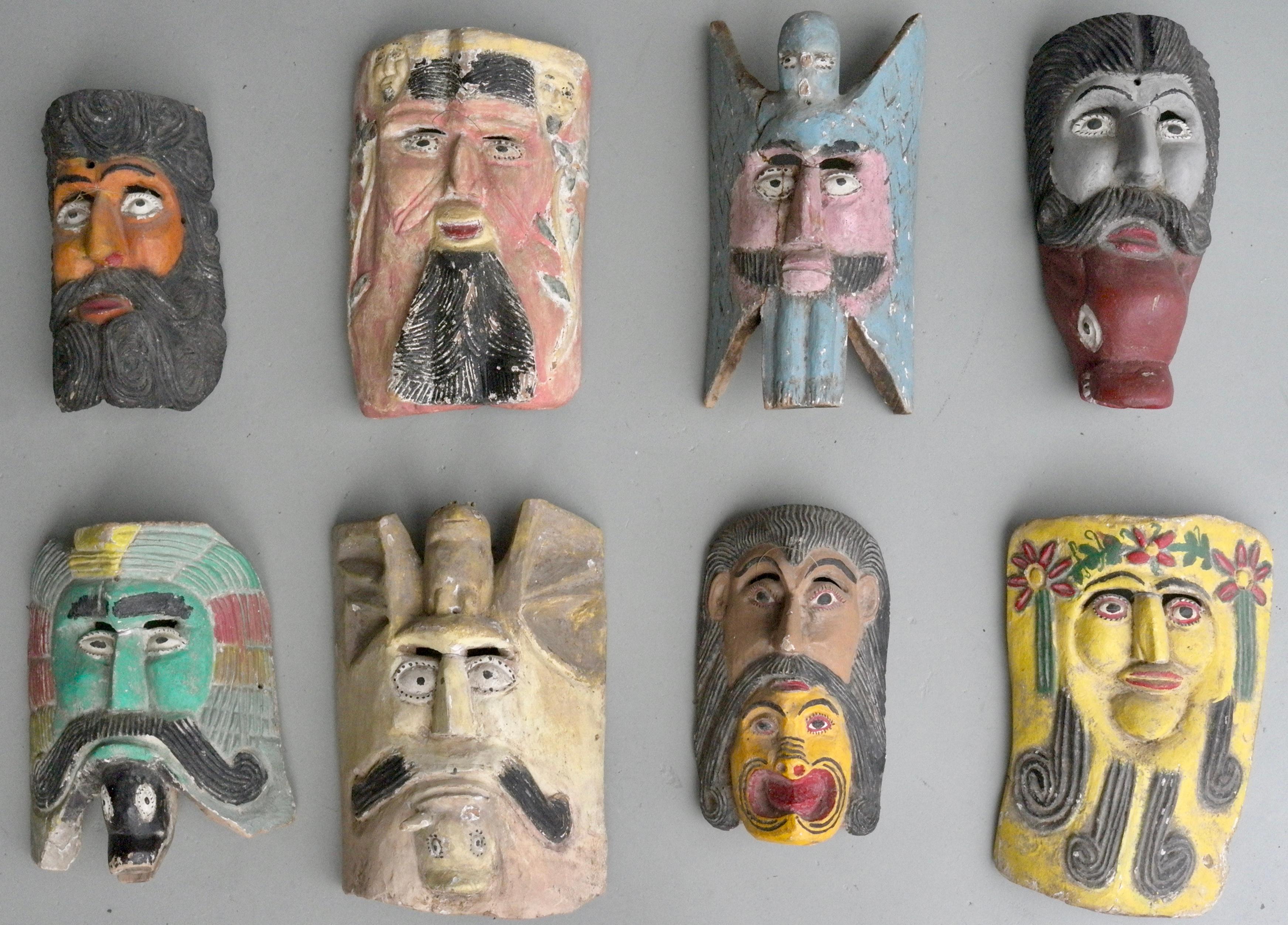 Collection of midcentury South American multicolored wooden masks.

Approx size: largest mask 45cm x 25cm x 12cm, smallest: 36cm x 21cm x 14cm.
