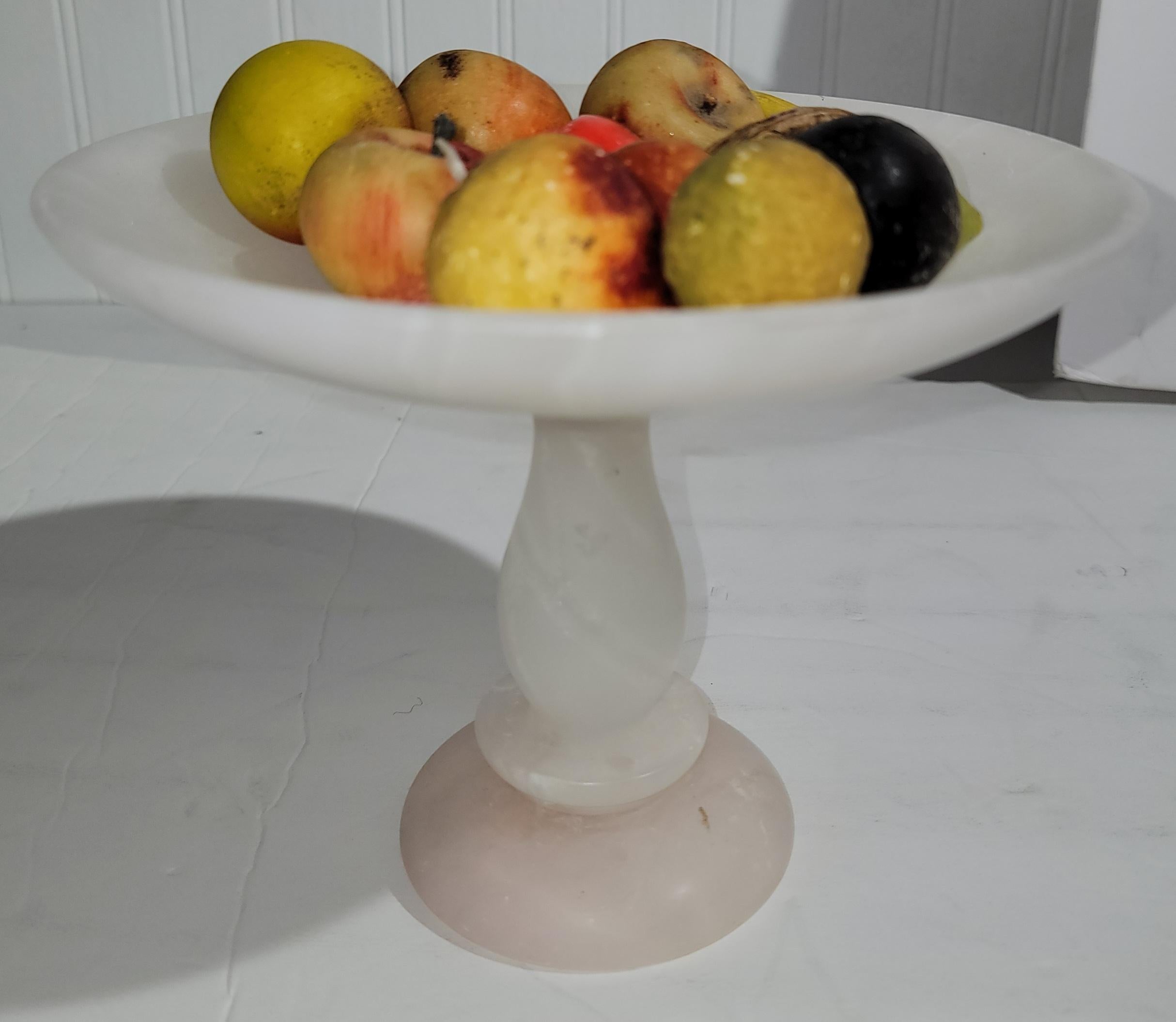 Compote measure approx -5.5diameter x  7.5 high 
Each piece of fruit and the nut measure roughly 1.5 inches each.Total of twelve pieces of stone fruit.