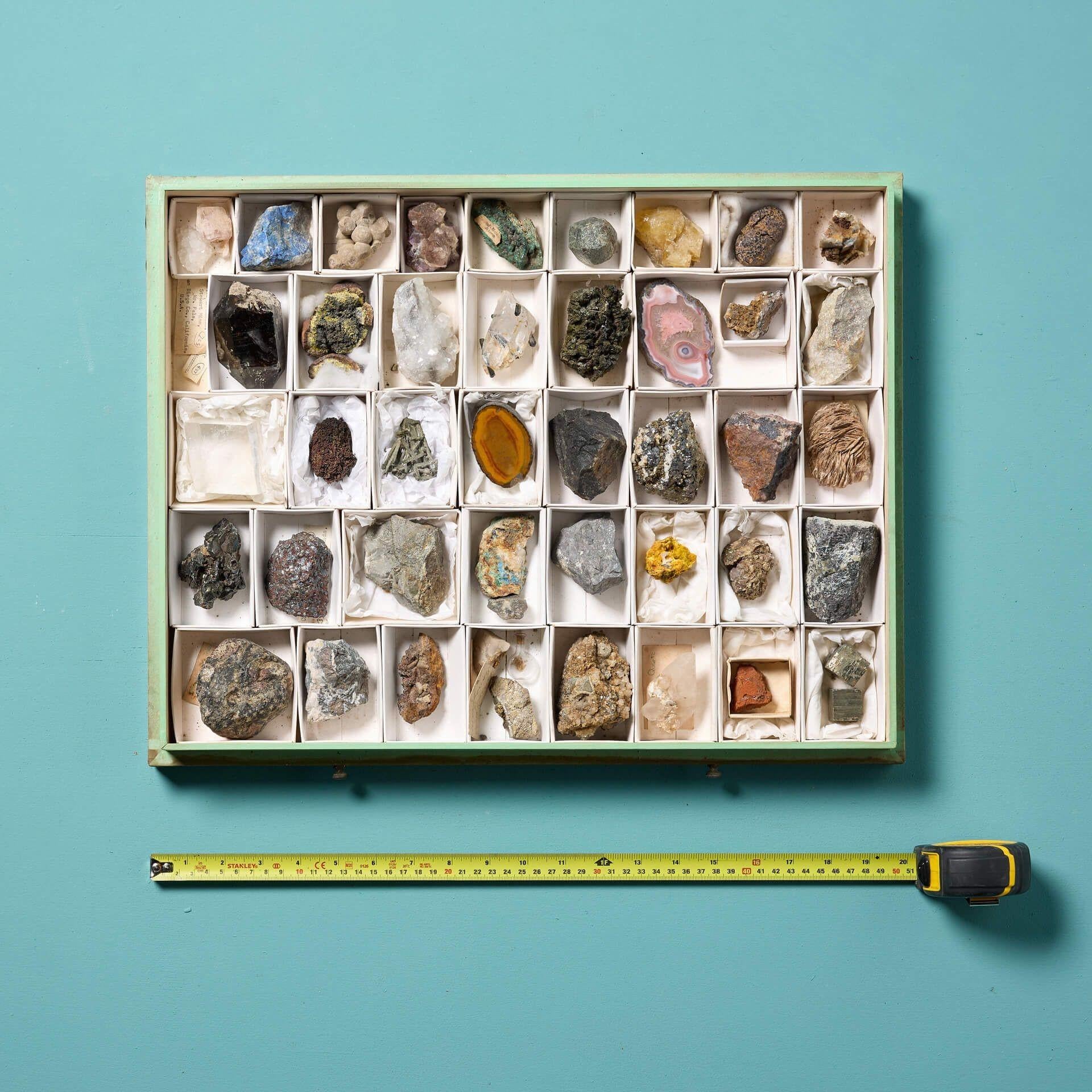 Eine Sammlung von Museumsmineralien in einer Vitrine. Das Set wird in einem eleganten, glasierten Etui präsentiert und enthält 48 europäische Mineralien, darunter eine Goldphiole, ein Gestein mit Goldspuren, Lapislazuli und Pyrit mit Kalzit, die