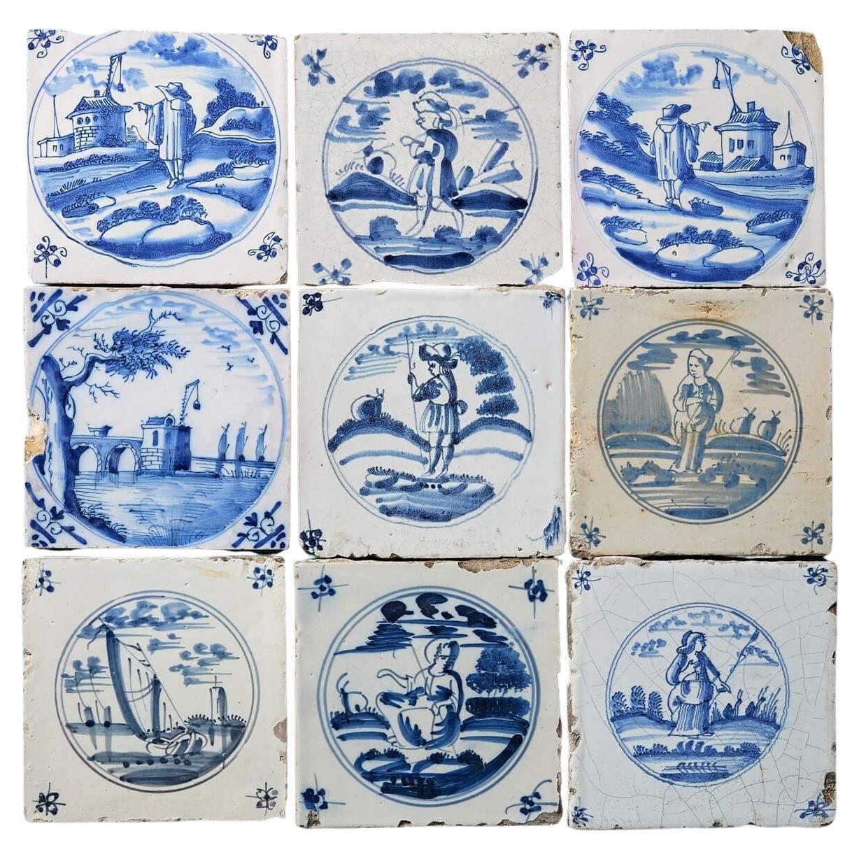 Collection de neuf carreaux de Delft anciens