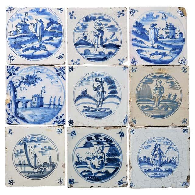 Set of Nine Antique Delft Wall Tiles, Hand Painted Blue and White For ...