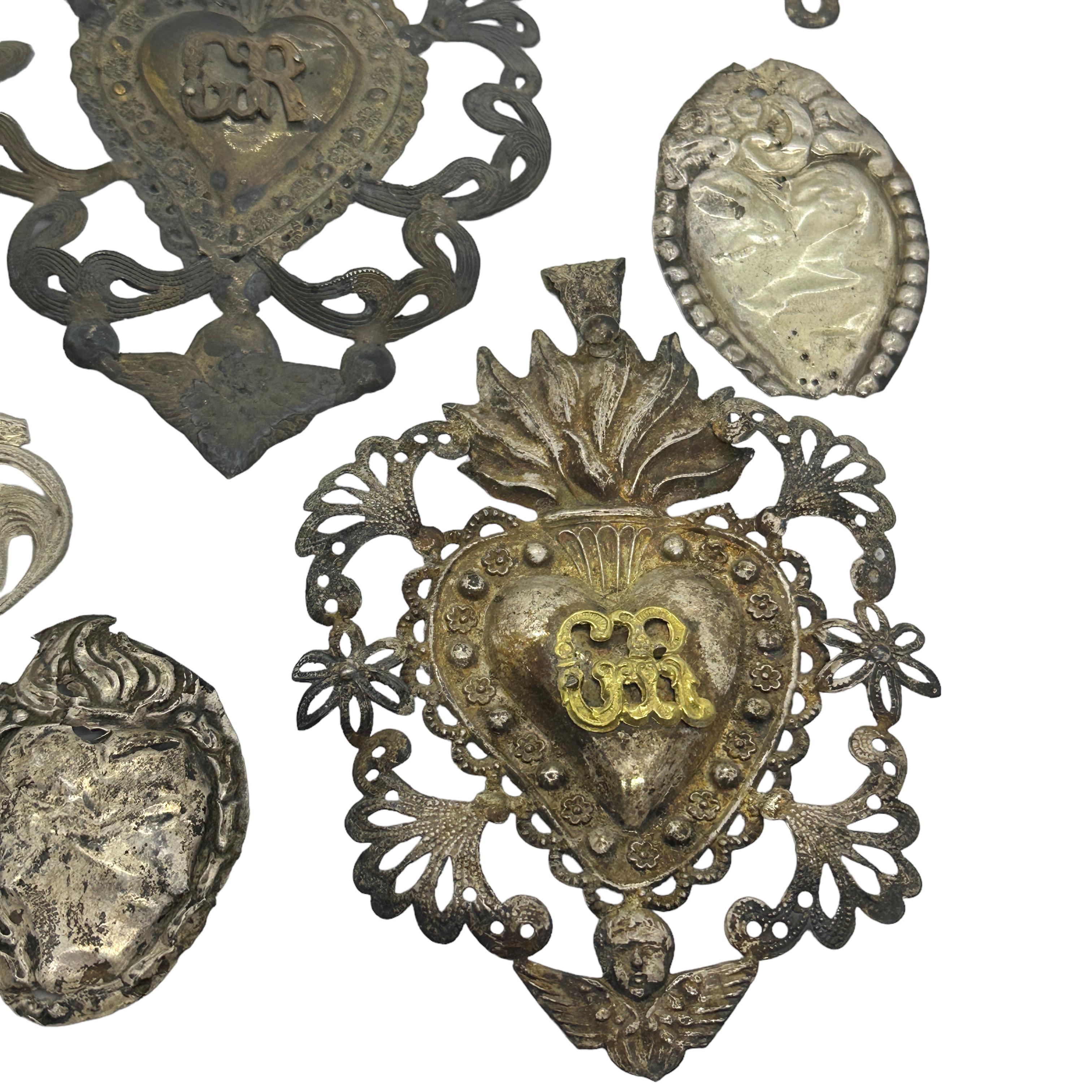 Italian Collection of Nine Silver Sacred Heart Ex Voto Monogramed Antique Italy, 1900s