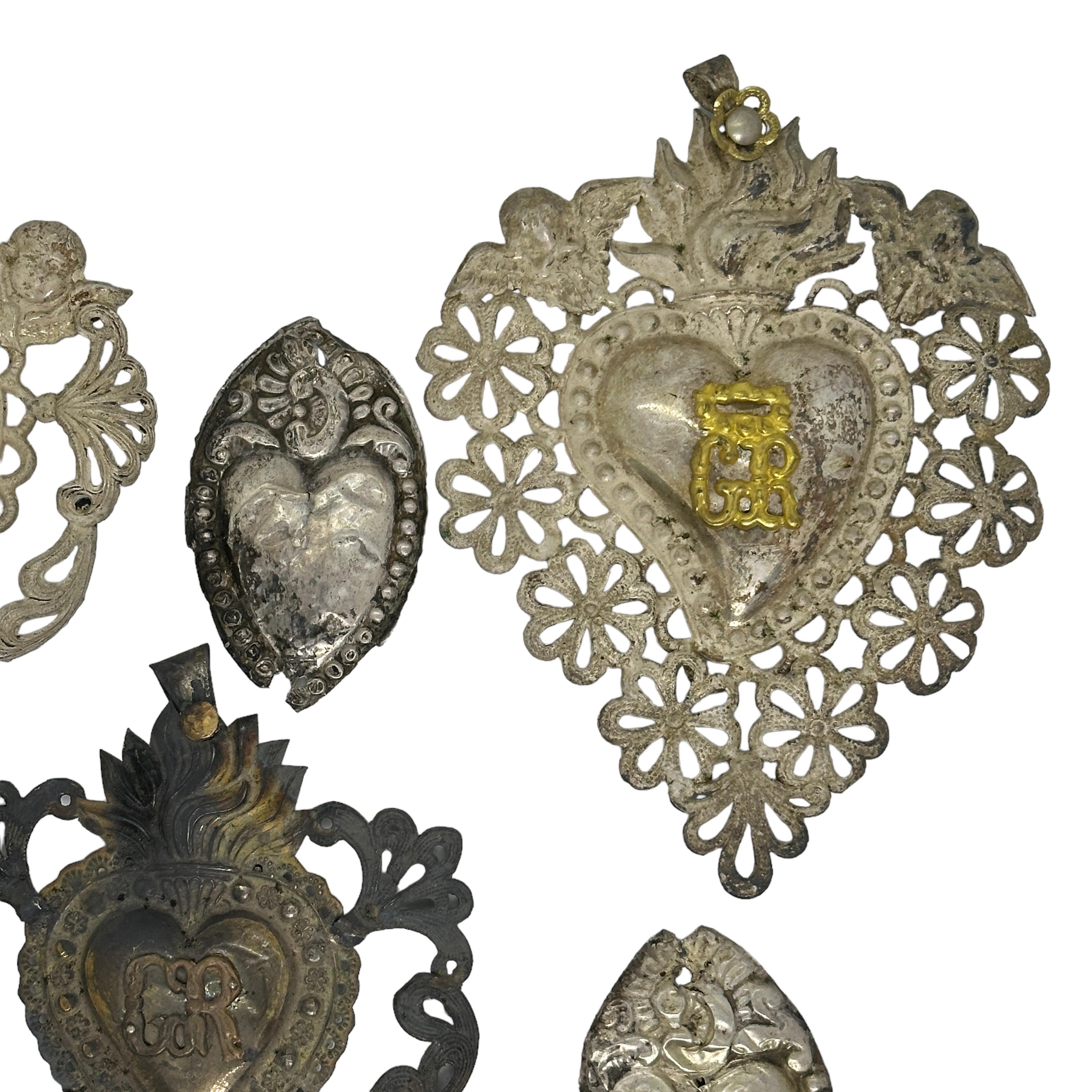 Silvered Collection of Nine Silver Sacred Heart Ex Voto Monogramed Antique Italy, 1900s