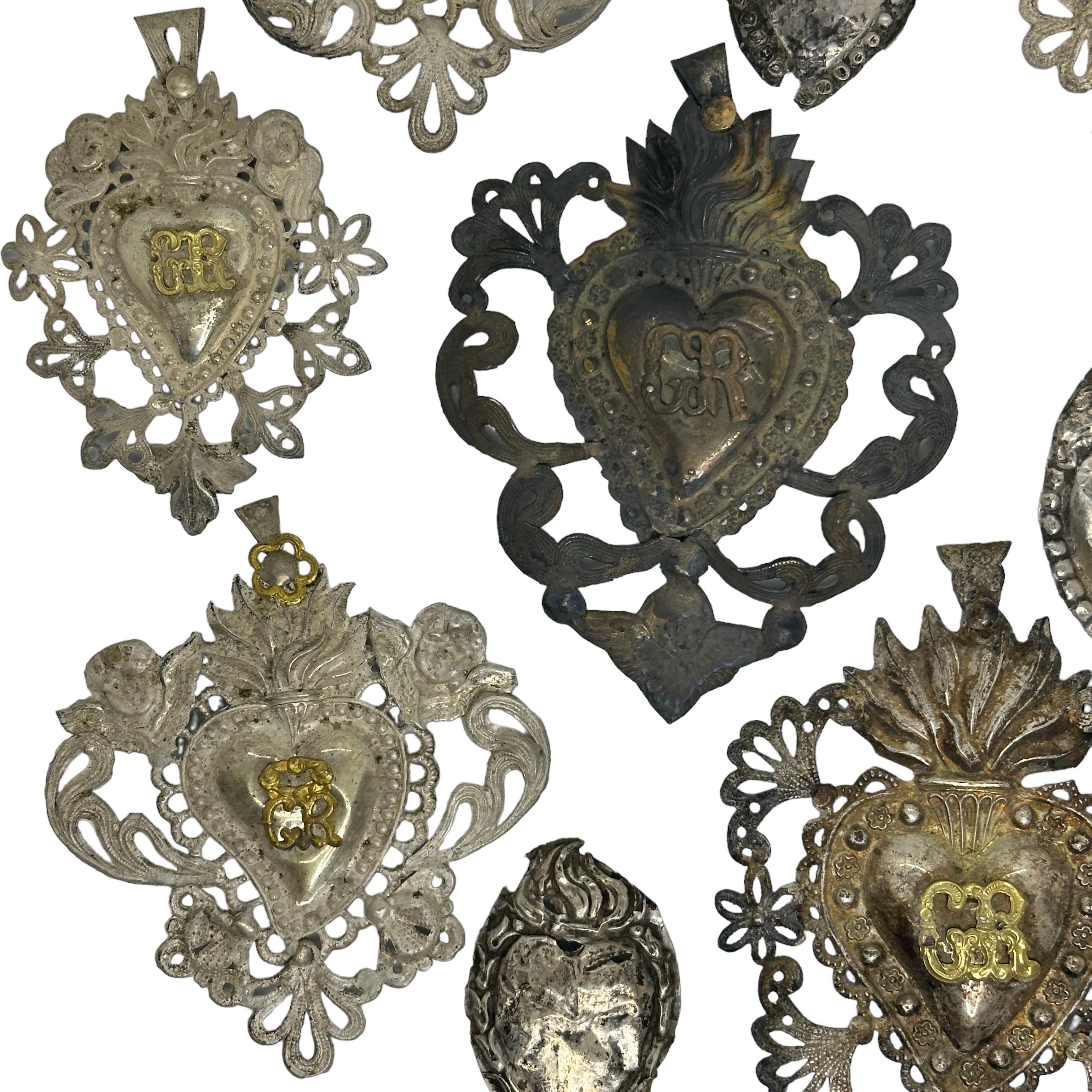 20th Century Collection of Nine Silver Sacred Heart Ex Voto Monogramed Antique Italy, 1900s