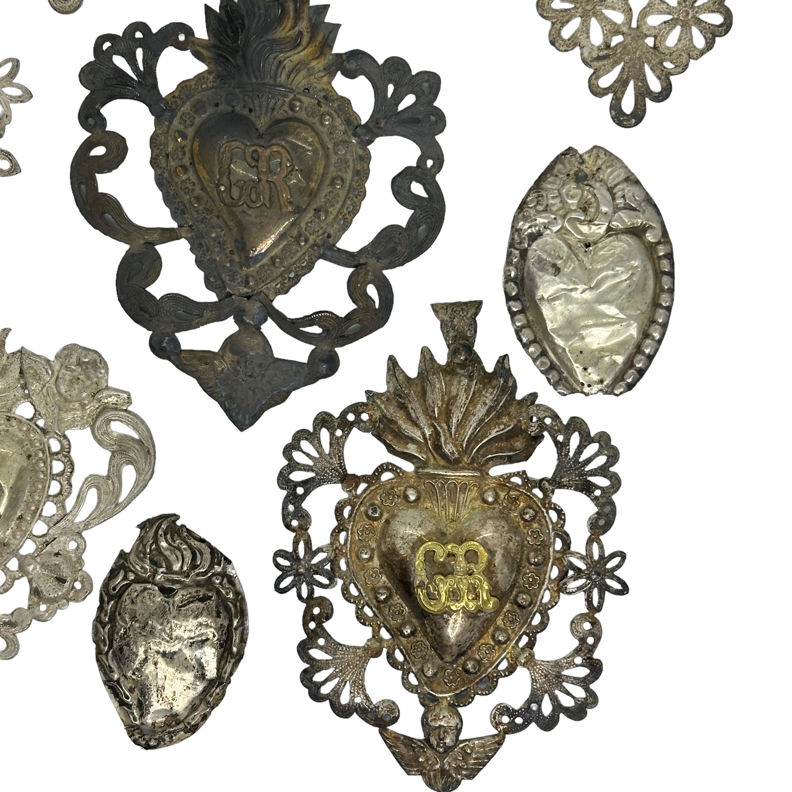 Silver Plate Collection of Nine Silver Sacred Heart Ex Voto Monogramed Antique Italy, 1900s