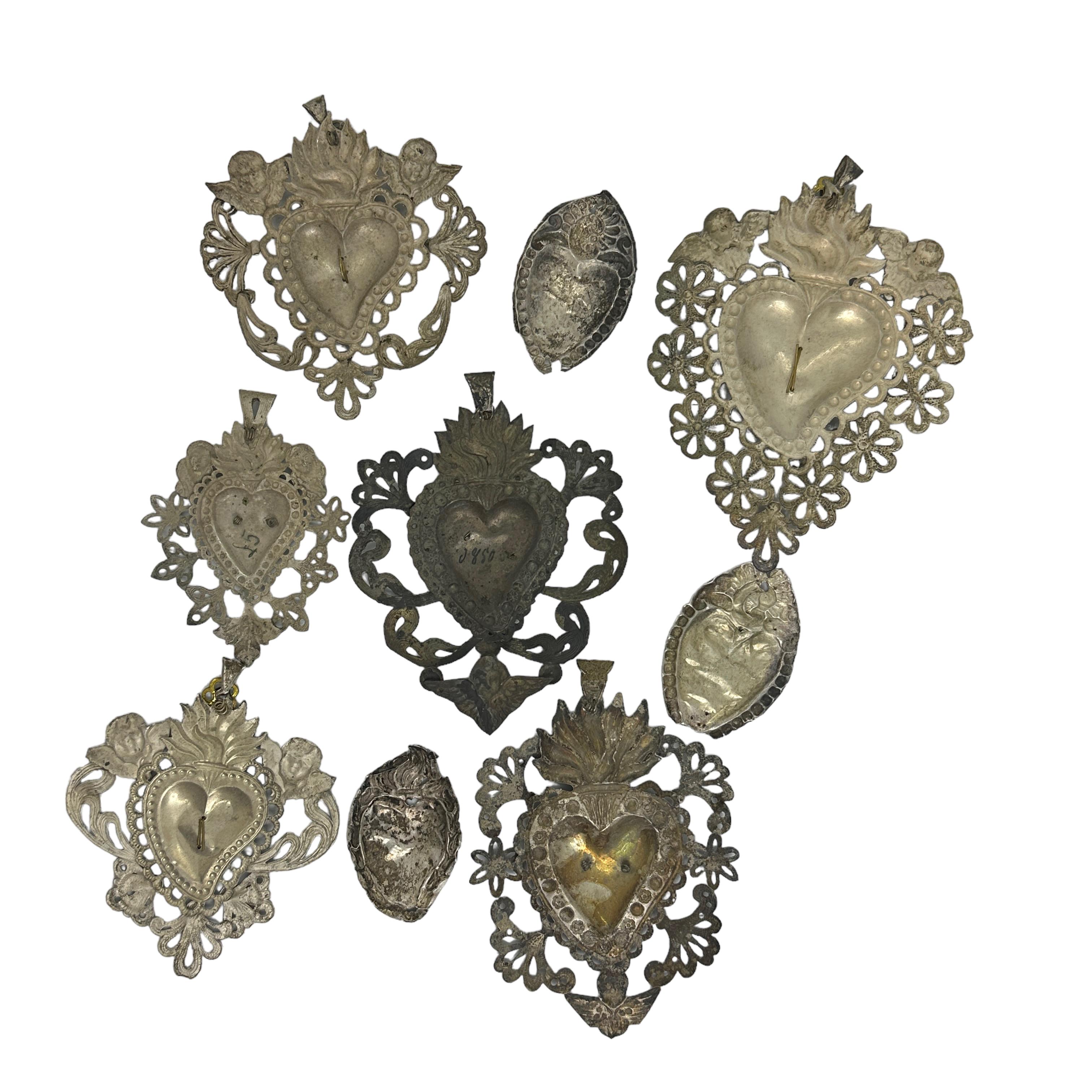 Collection of Nine Silver Sacred Heart Ex Voto Monogramed Antique Italy, 1900s 1
