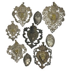 Collection of Nine Silver Sacred Heart Ex Voto Monogramed Antique Italy, 1900s
