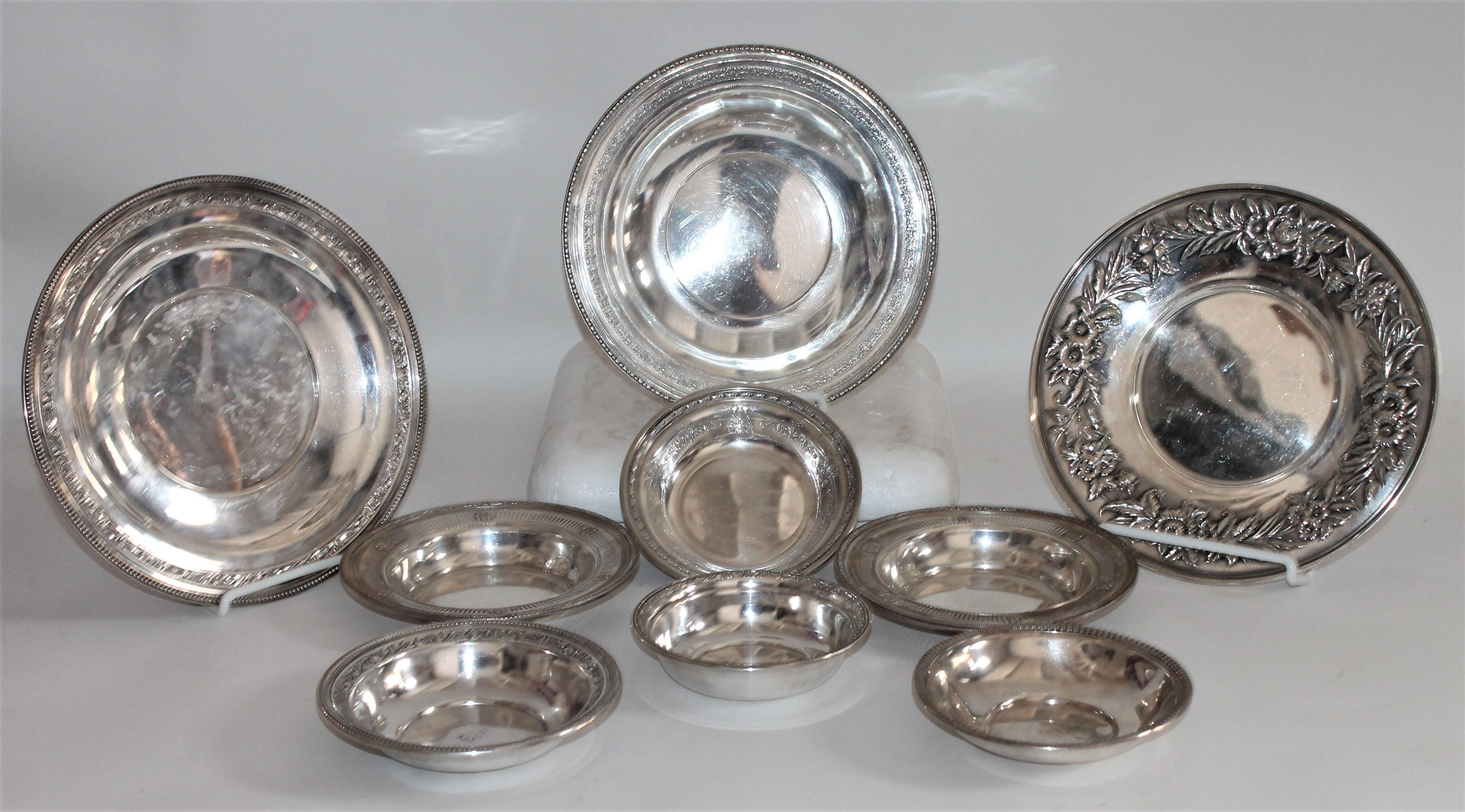 Collection of sterling silver bowls and serving dishes. A set of nine pieces in great condition. All are marked and stamped sterling. 

Measurements are as follows - 
For smaller bowls-
larger bowl- 6.75 x 1.5 
Medium bowls -6 x 1 , 6 x 1