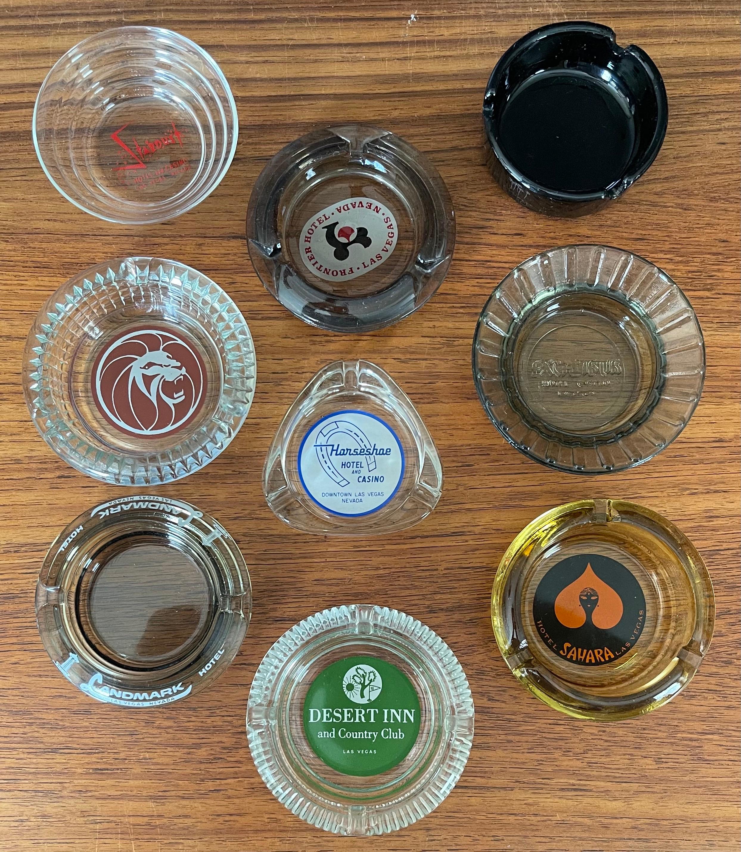 A very cool collection of nine vintage Las Vegas casino ashtrays circa 1970s. All of the ashtrays are in very good vintage condition with no chips or cracks and clear, crisp graphics. On average, they measure 4