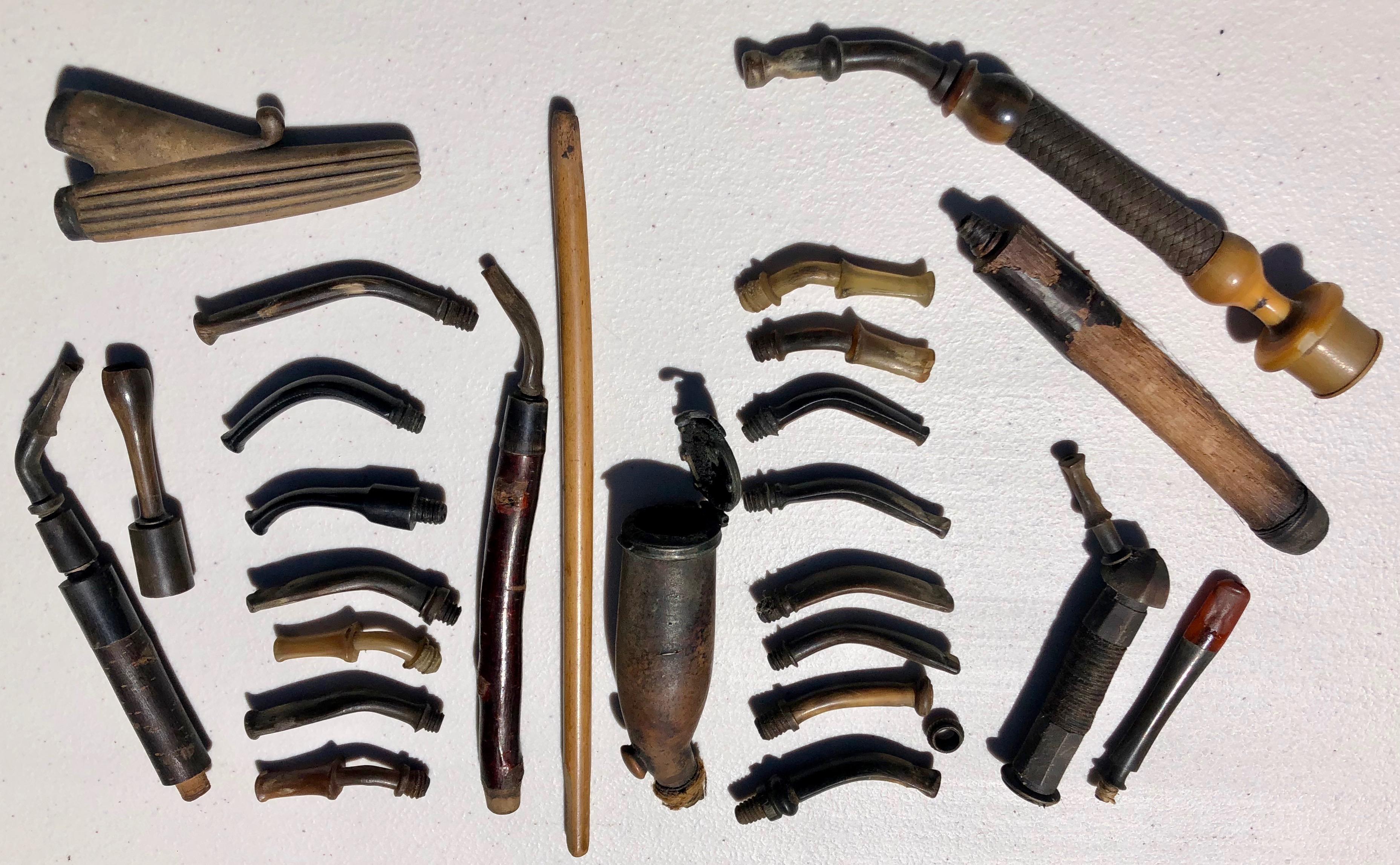 American Collection of Old Pipes in Various Materials, Include Mouth Pieces, Stems, Bowls For Sale