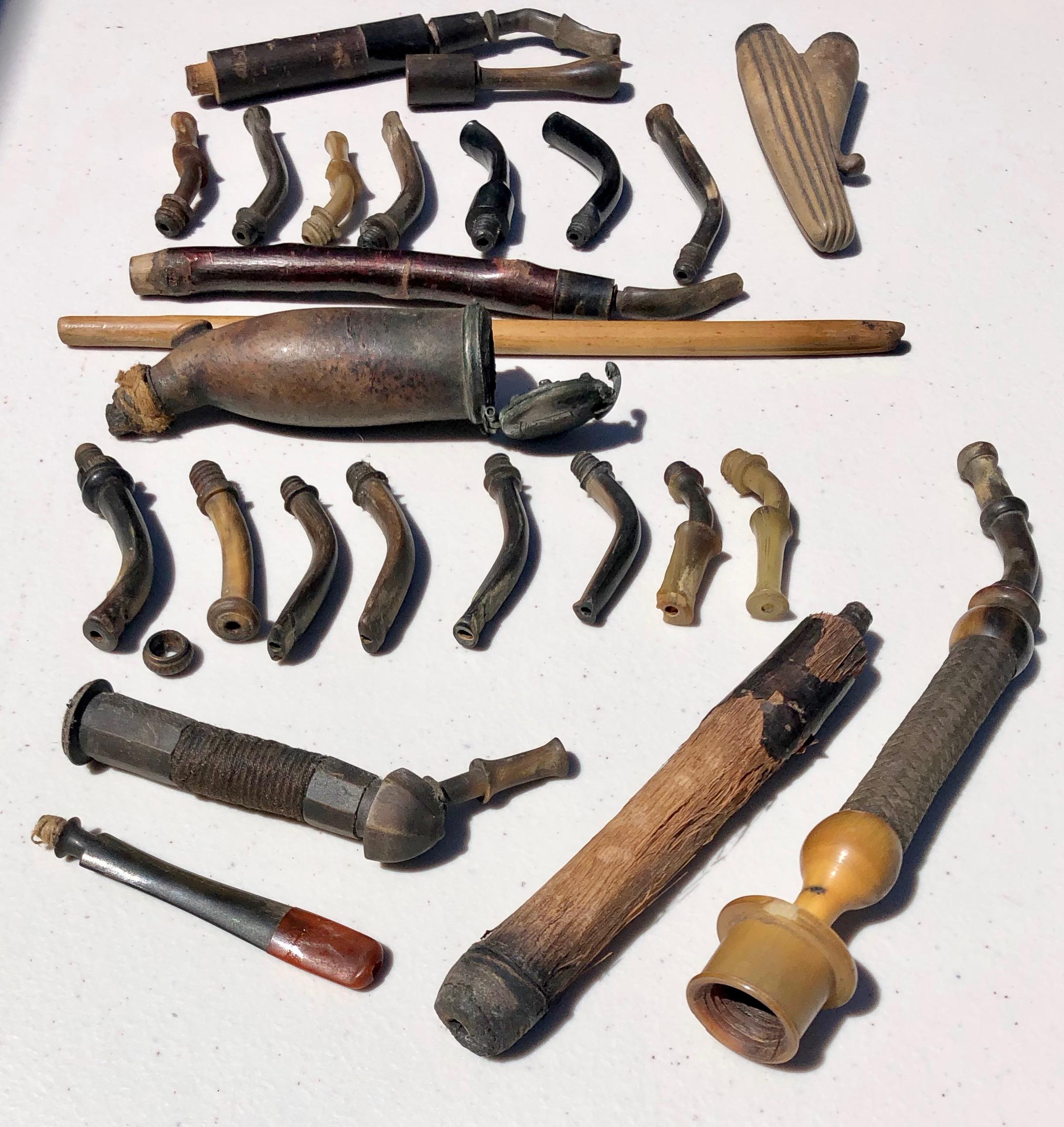 Collection of Old Pipes in Various Materials, Include Mouth Pieces, Stems, Bowls In Fair Condition For Sale In Petaluma, CA