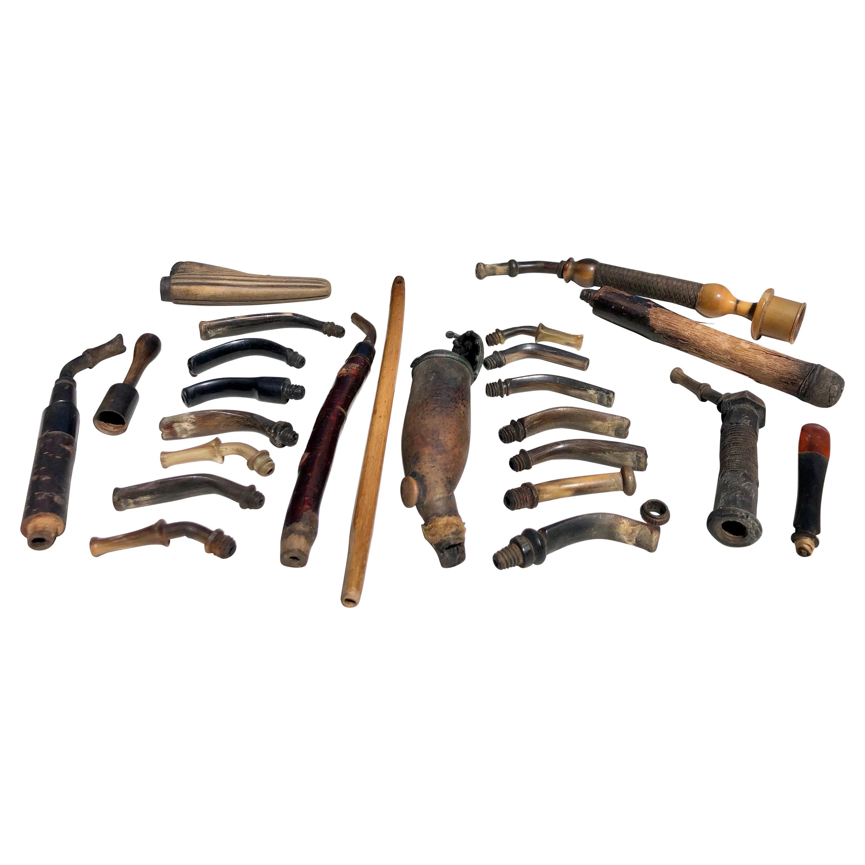 Collection of Old Pipes in Various Materials, Include Mouth Pieces, Stems, Bowls For Sale