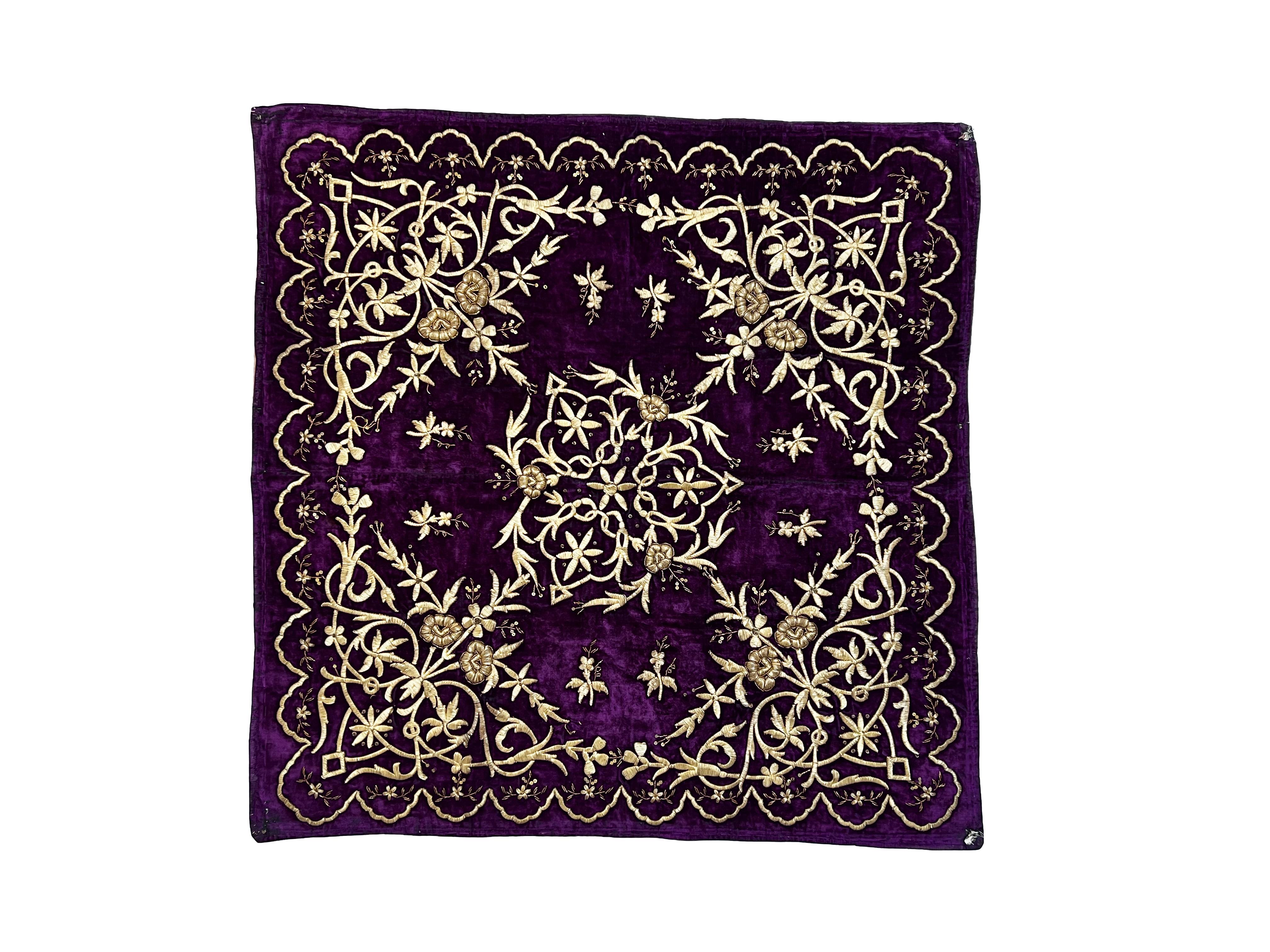 A fine six Ottoman velvet coverlet or hanging in different designs embroidered with gilt and silver metal threads. 

Dimension: Purple: H: 81cm, W: 81cm, 
Navy blue: H: 88cm, W: 85cm, 
Red: H: 82cm, W: 82cm, 
Navy: H: 80cm, W: 81cm, 
Navy blue
