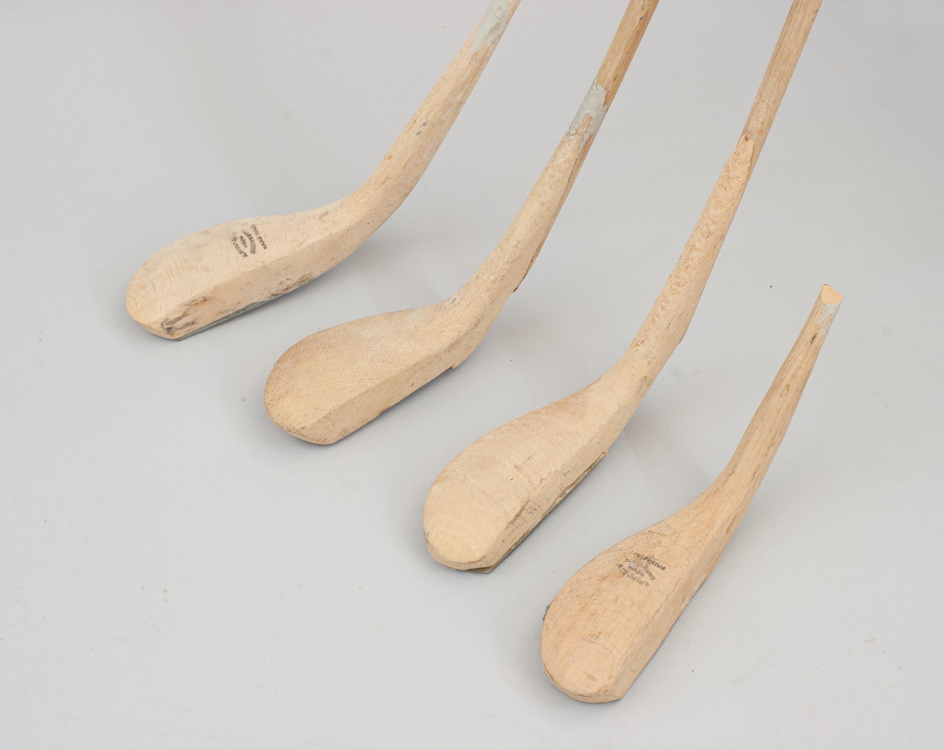 Robert Simpson Long Nose Golf Clubs.
Four long nose Robert Simpson golf clubs in various stages of production. Made by a Simpson relative in the Simpson's Carnoustie workshop in 1990. The club heads are stamped with the shaft stamp (R. Simpson,