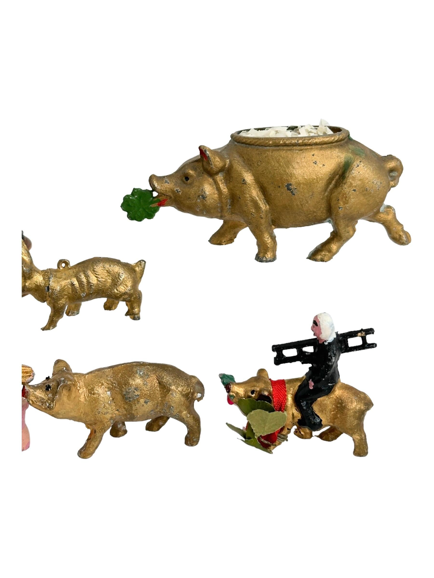 Folk Art Collection of Pig & Chimney Sweep Lucky Charm Figurines, Antique Austria, 1900s For Sale