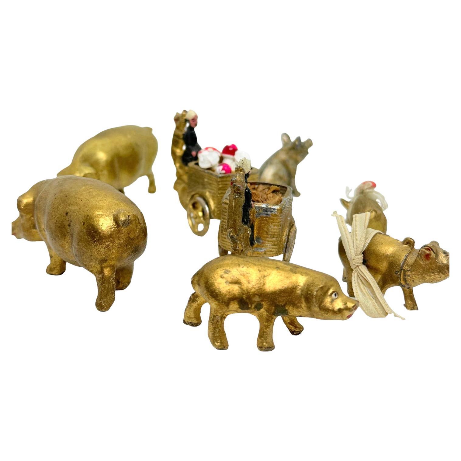 Metal Collection of Pig & Chimney Sweep Lucky Charm Figurines, Antique Austria, 1900s