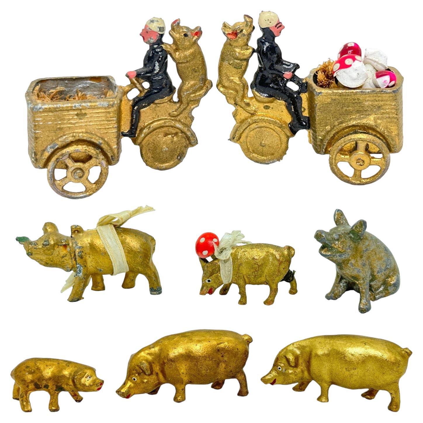 Collection of Pig & Chimney Sweep Lucky Charm Figurines, Antique Austria, 1900s