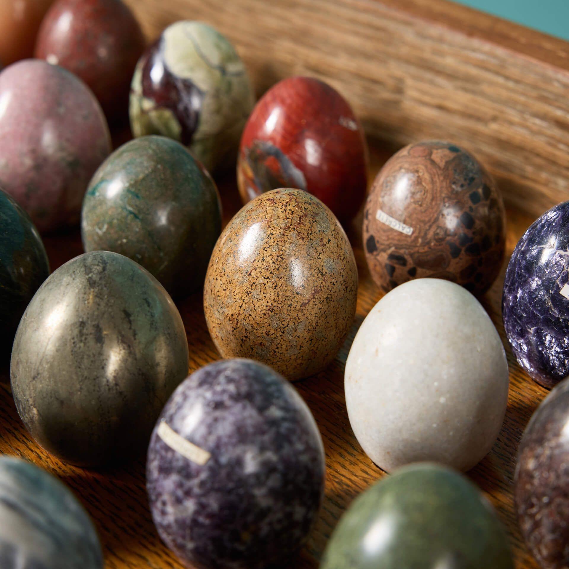 Natural Fiber Collection of Polished Hardstone Mineral Eggs For Sale