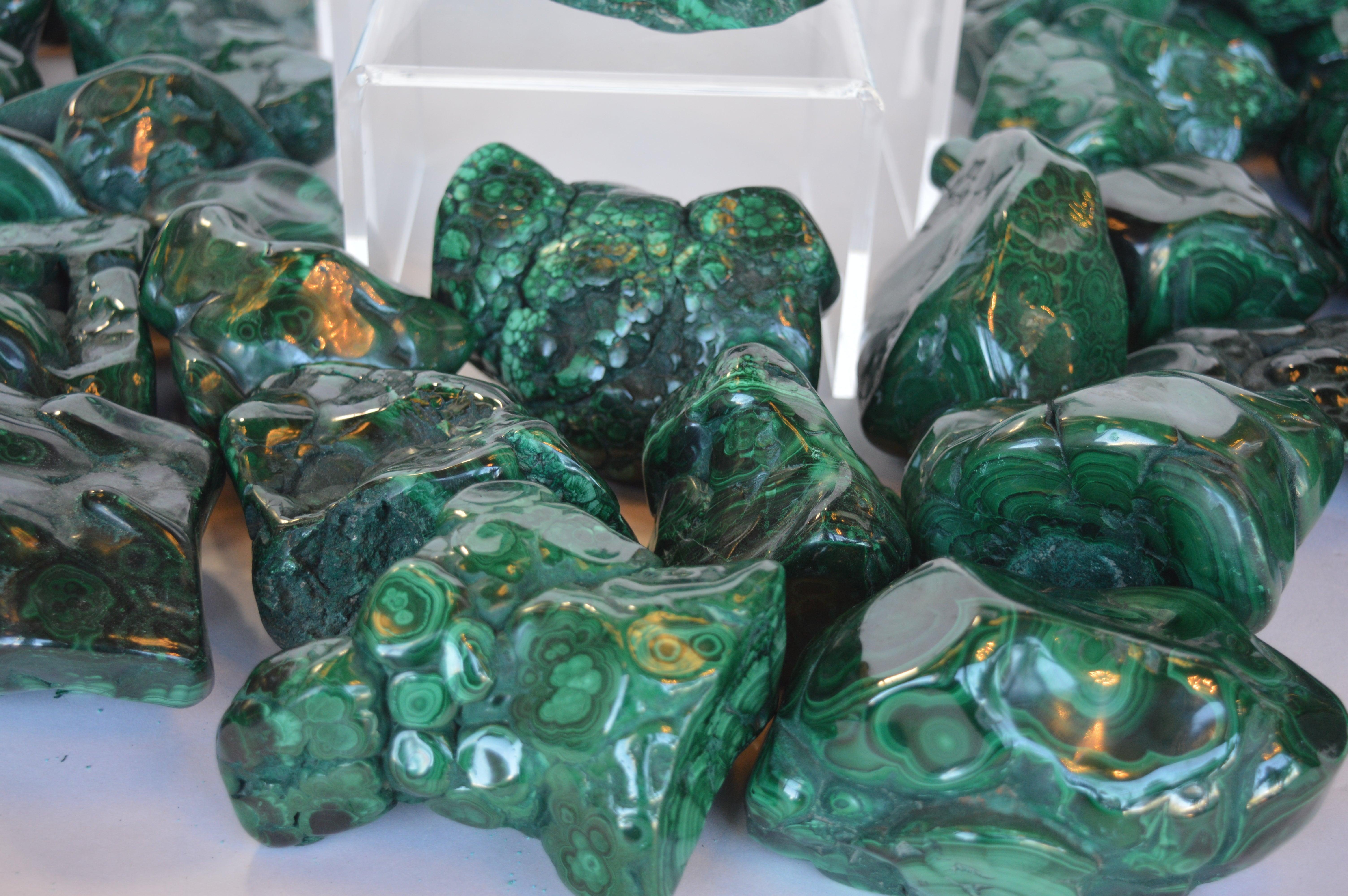 Collection of Polished Malachite Stones In Excellent Condition For Sale In Los Angeles, CA