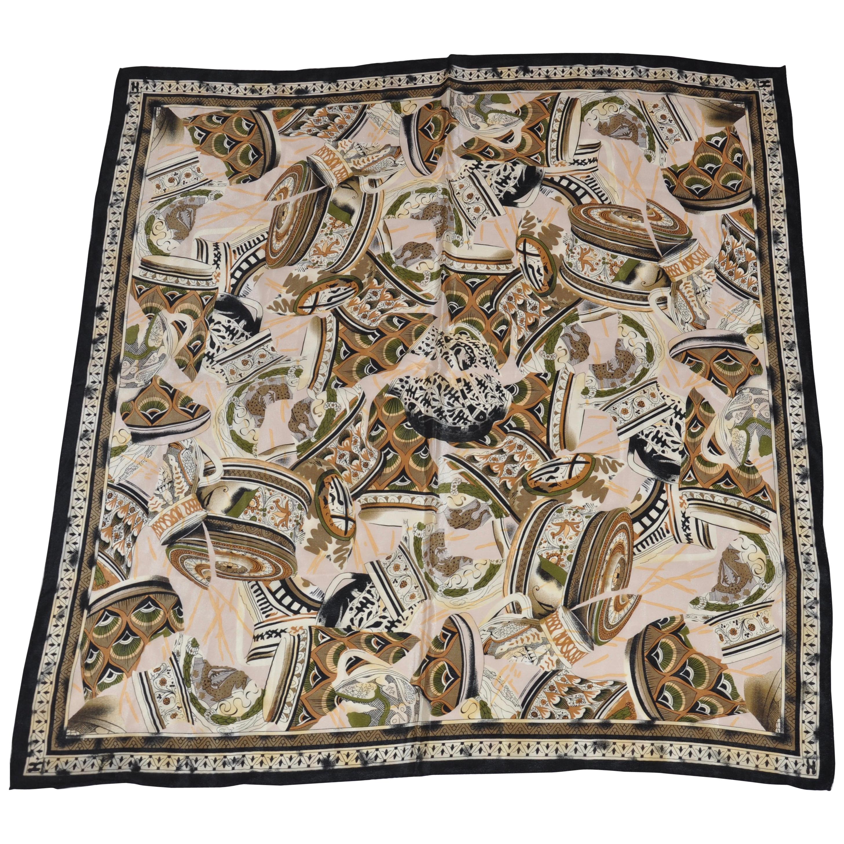 "Collection Of Pottery" With Black Borders Silk Scarf For Sale