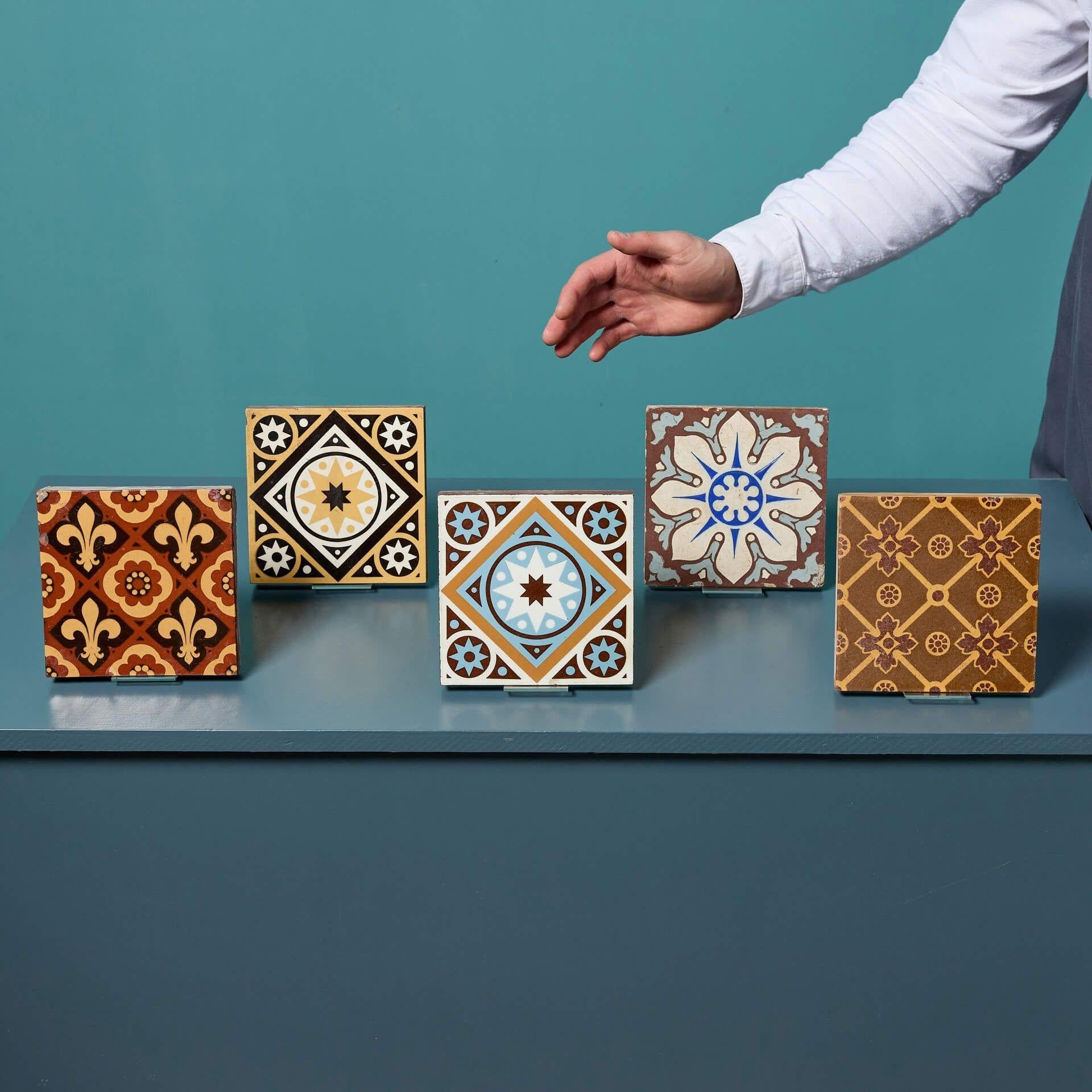 A collection of reclaimed encaustic tiles sourced from a UK private collection. This superb collection includes tiles by Minton, Maw & Co, W Godwin, and Campbell Brick & Tile Co.

Dating to between circa 1860 to 1880, these encaustic English 6 inch