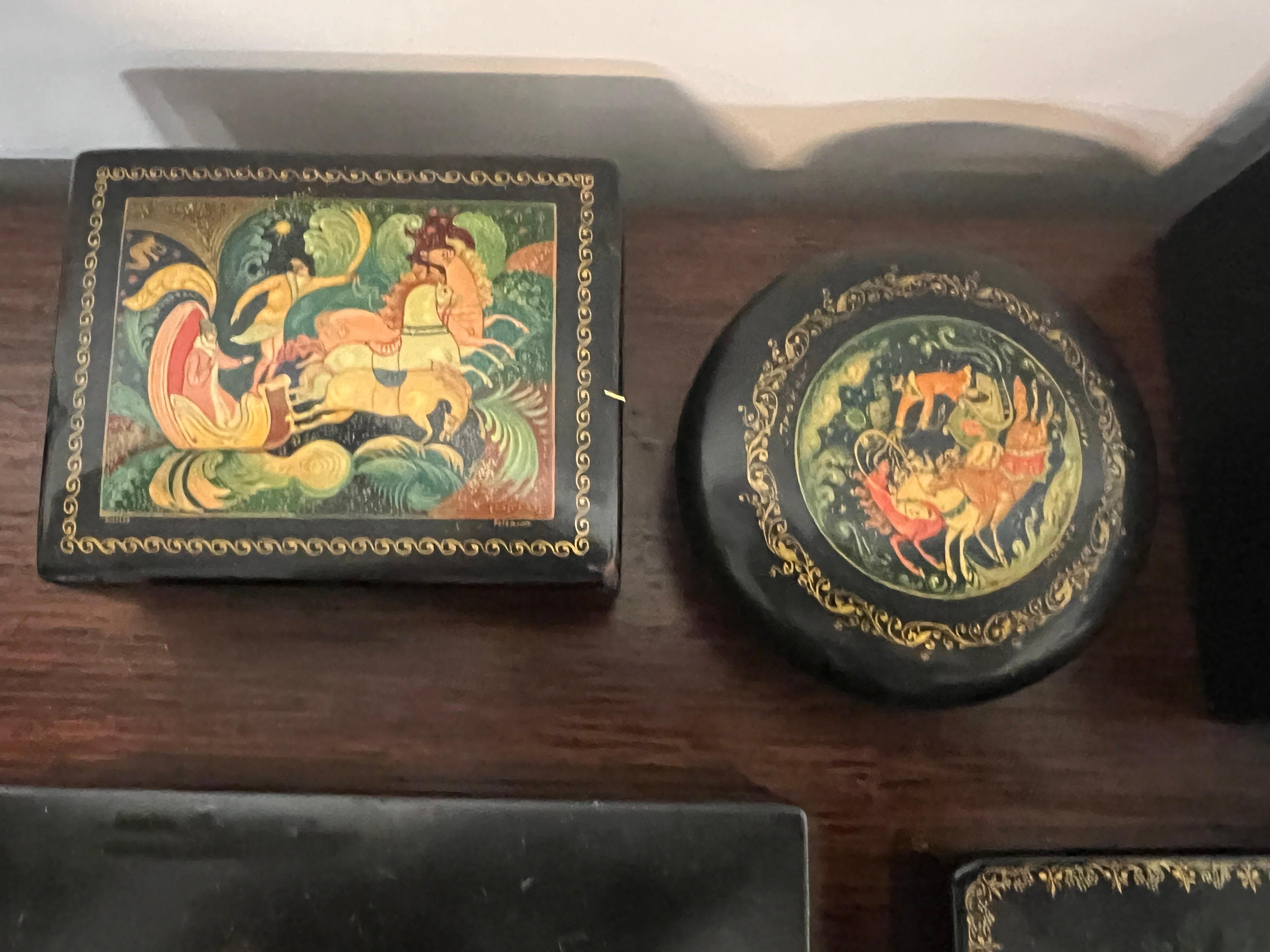 Collection of Russian Papier Mache Lacquered Hand Painted Boxes For Sale 1