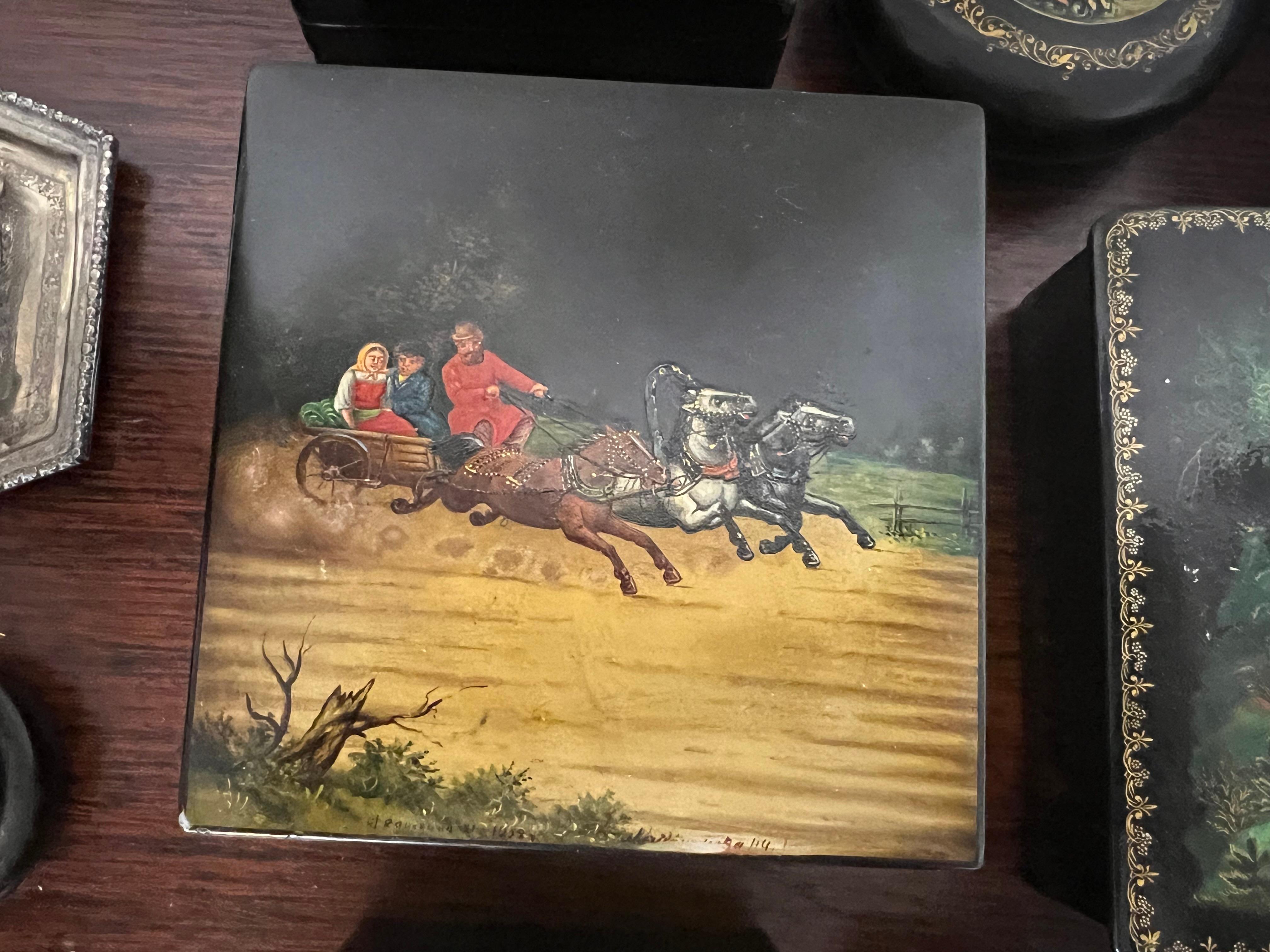 Collection of Russian Papier Mache Lacquered Hand Painted Boxes For Sale 2