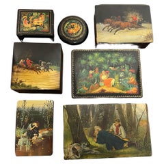 Antique Collection of Russian Papier Mache Lacquered Hand Painted Boxes