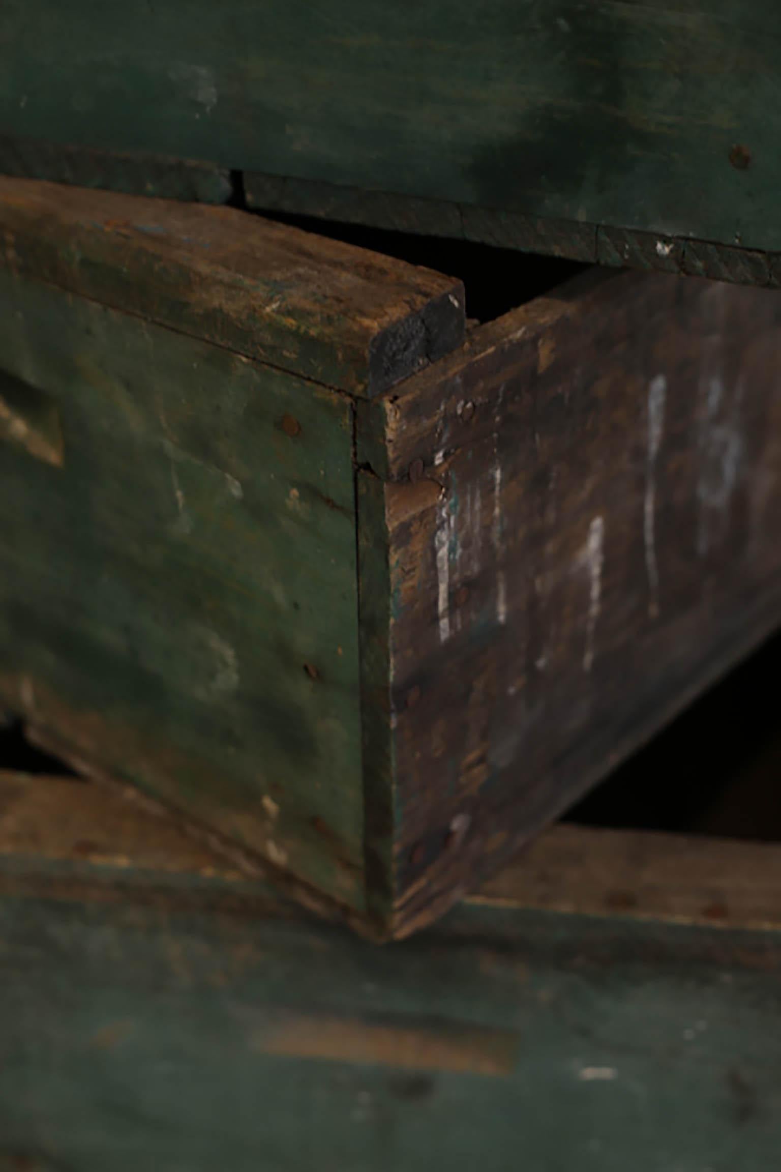 Industrial Collection of Rustic Green Wooden Boxes, circa 1940s