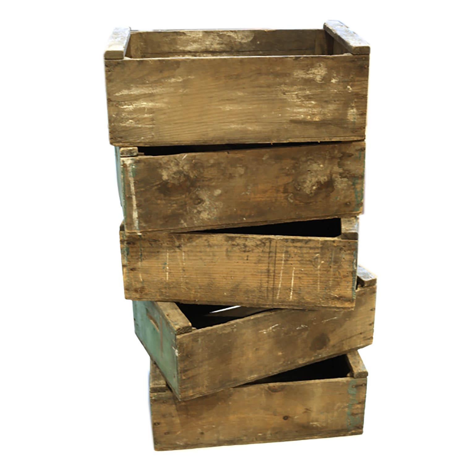 Painted Collection of Rustic Green Wooden Boxes, circa 1940s