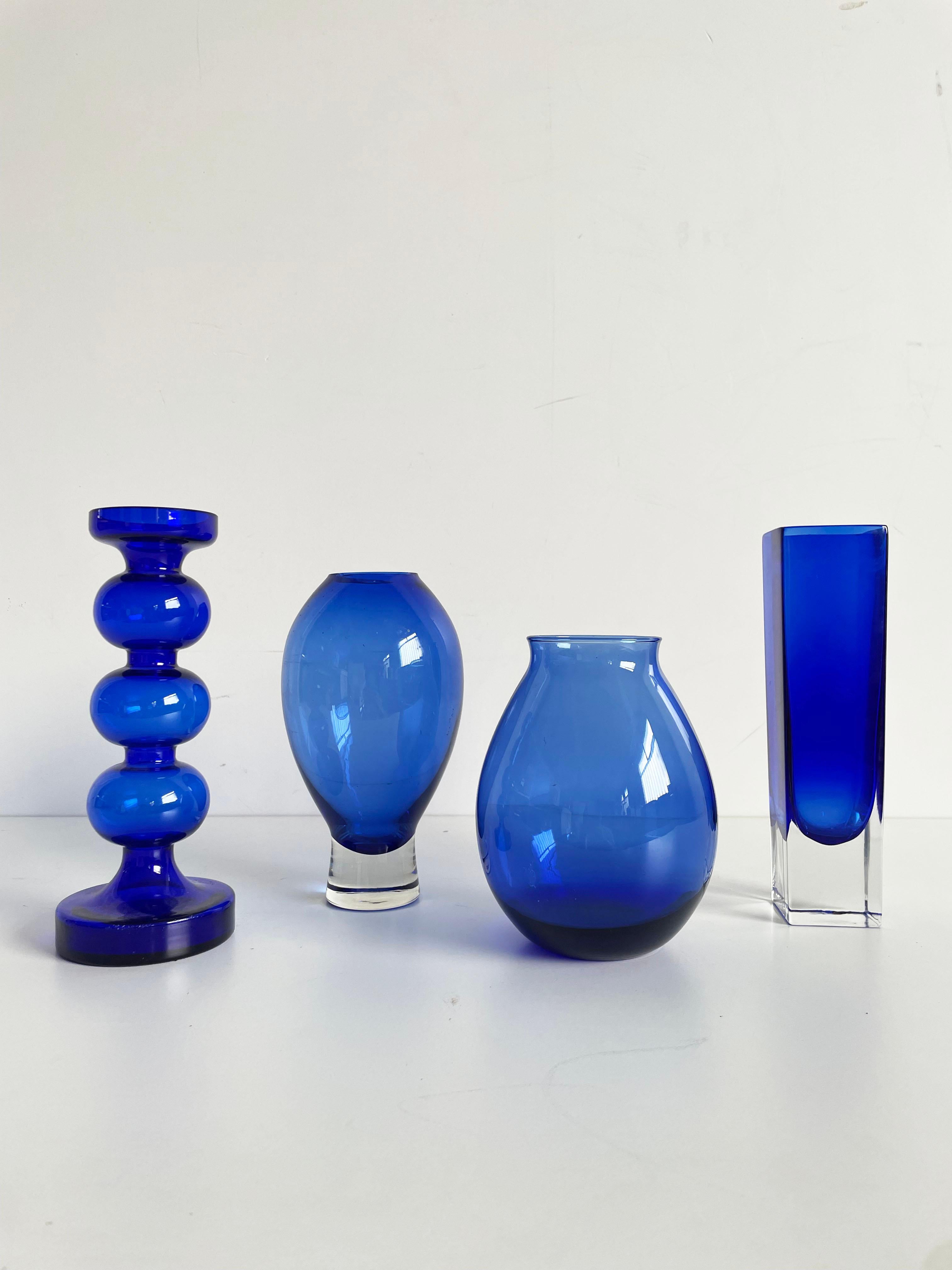 Mid-Century Modern Collection of Scandinavian Art Glass, Set of 4 diverse Blue Glass Vases For Sale