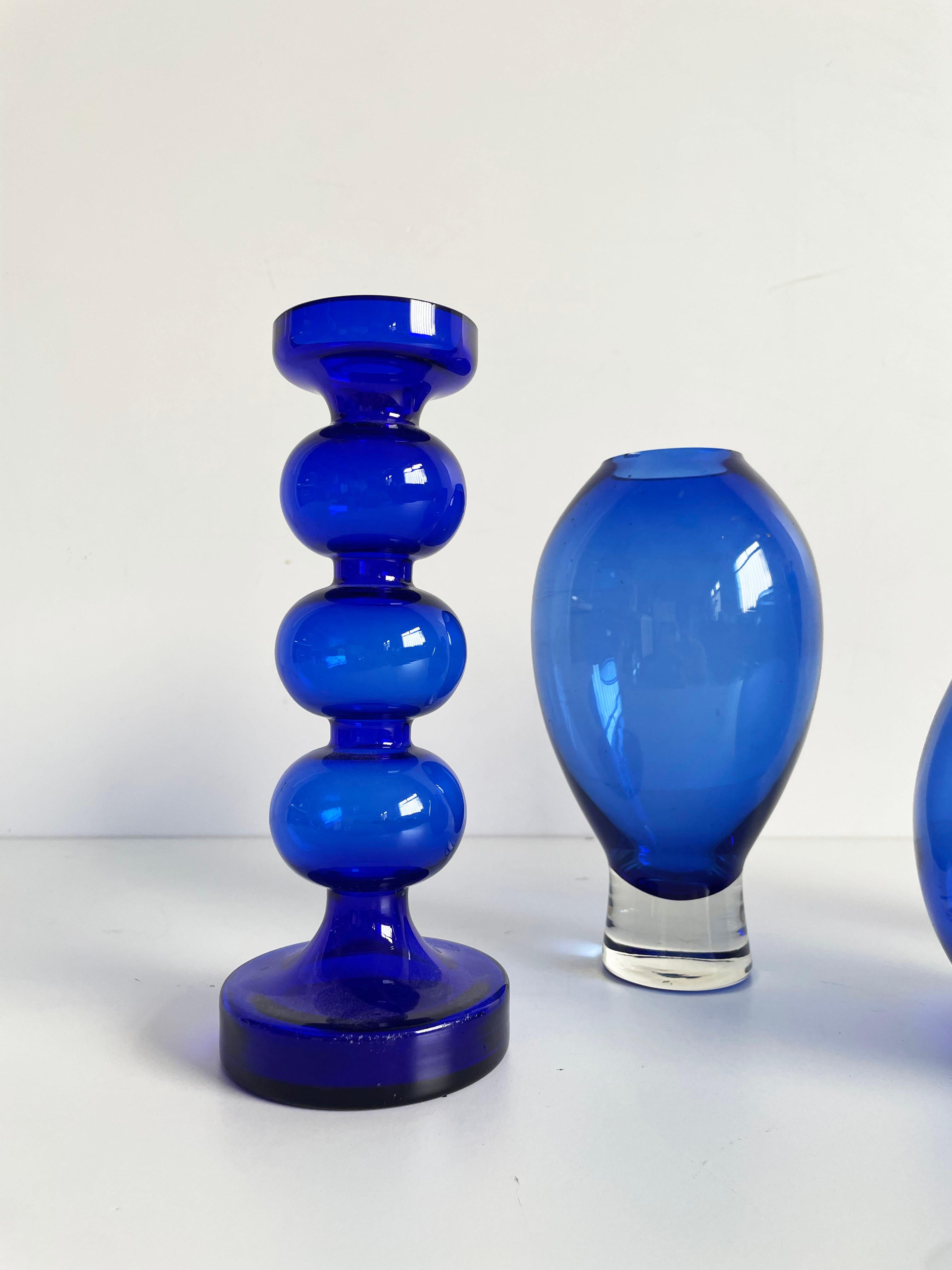 Mid-20th Century Collection of Scandinavian Art Glass, Set of 4 diverse Blue Glass Vases For Sale