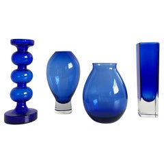 Vintage Collection of Scandinavian Art Glass, Set of 4 diverse Blue Glass Vases